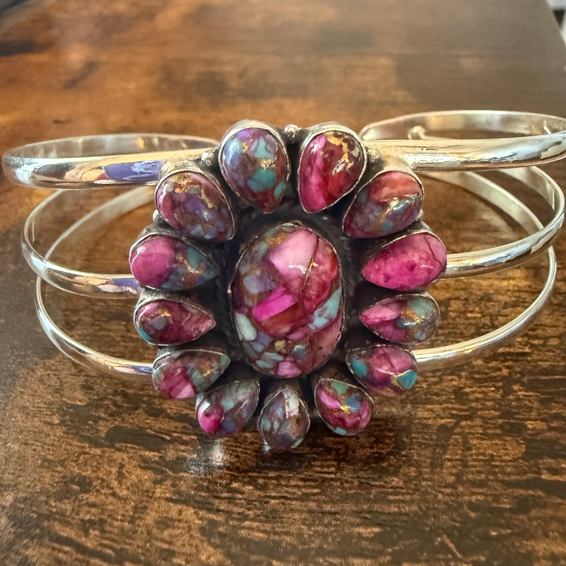 Kingman Pink Dahlia Turquoise Handmade Sterling Silver Adjustable Cuff Silver Elegant