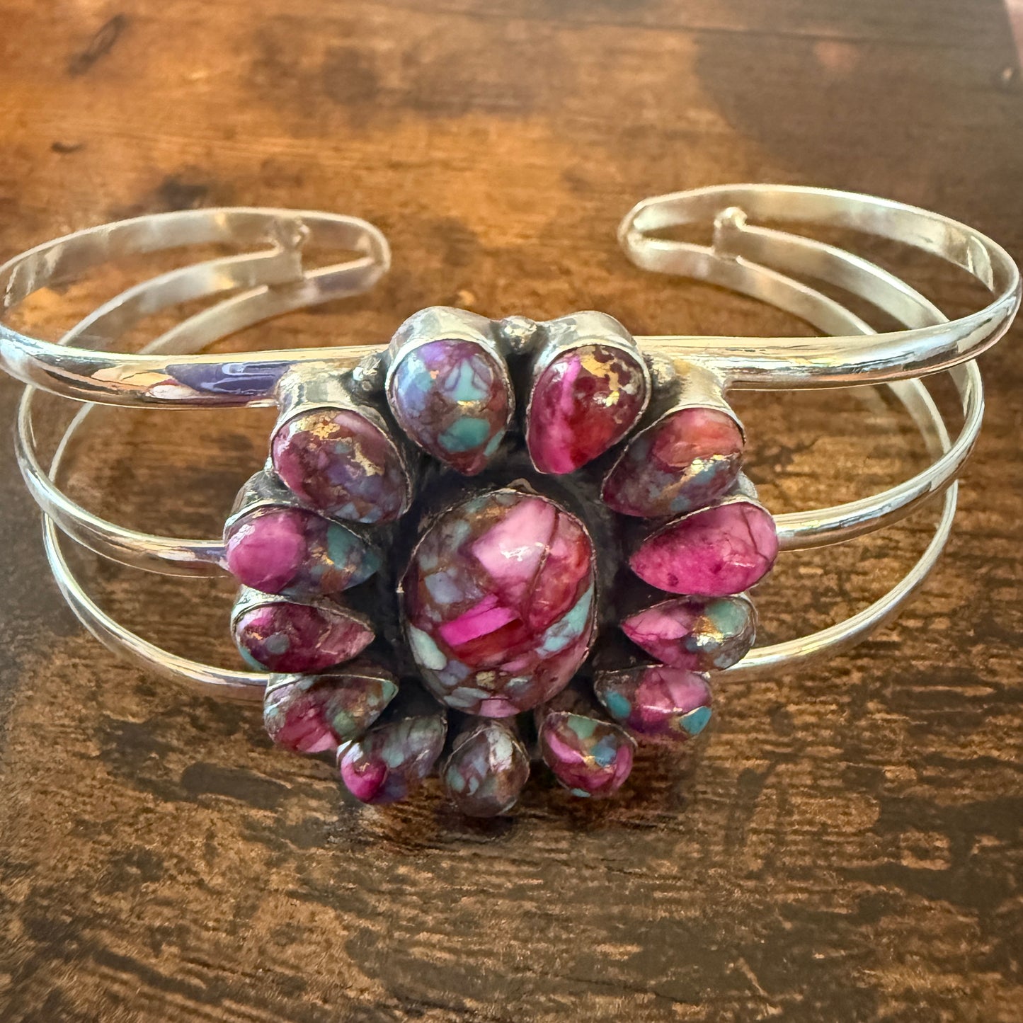 Kingman Pink Dahlia Turquoise Handmade Sterling Silver Adjustable Cuff Silver Elegant