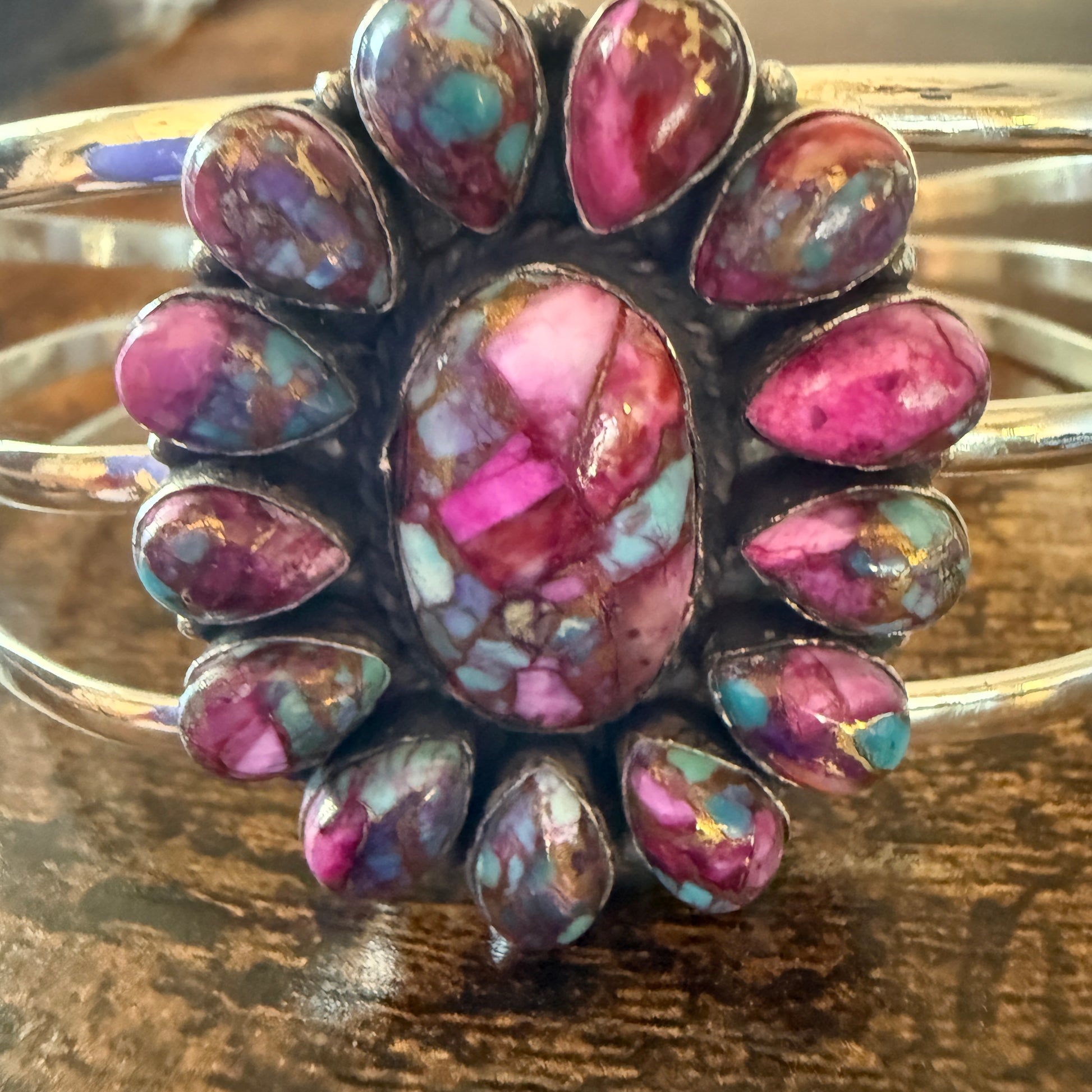 Kingman Pink Dahlia Turquoise Handmade Sterling Silver Adjustable Cuff Silver Elegant