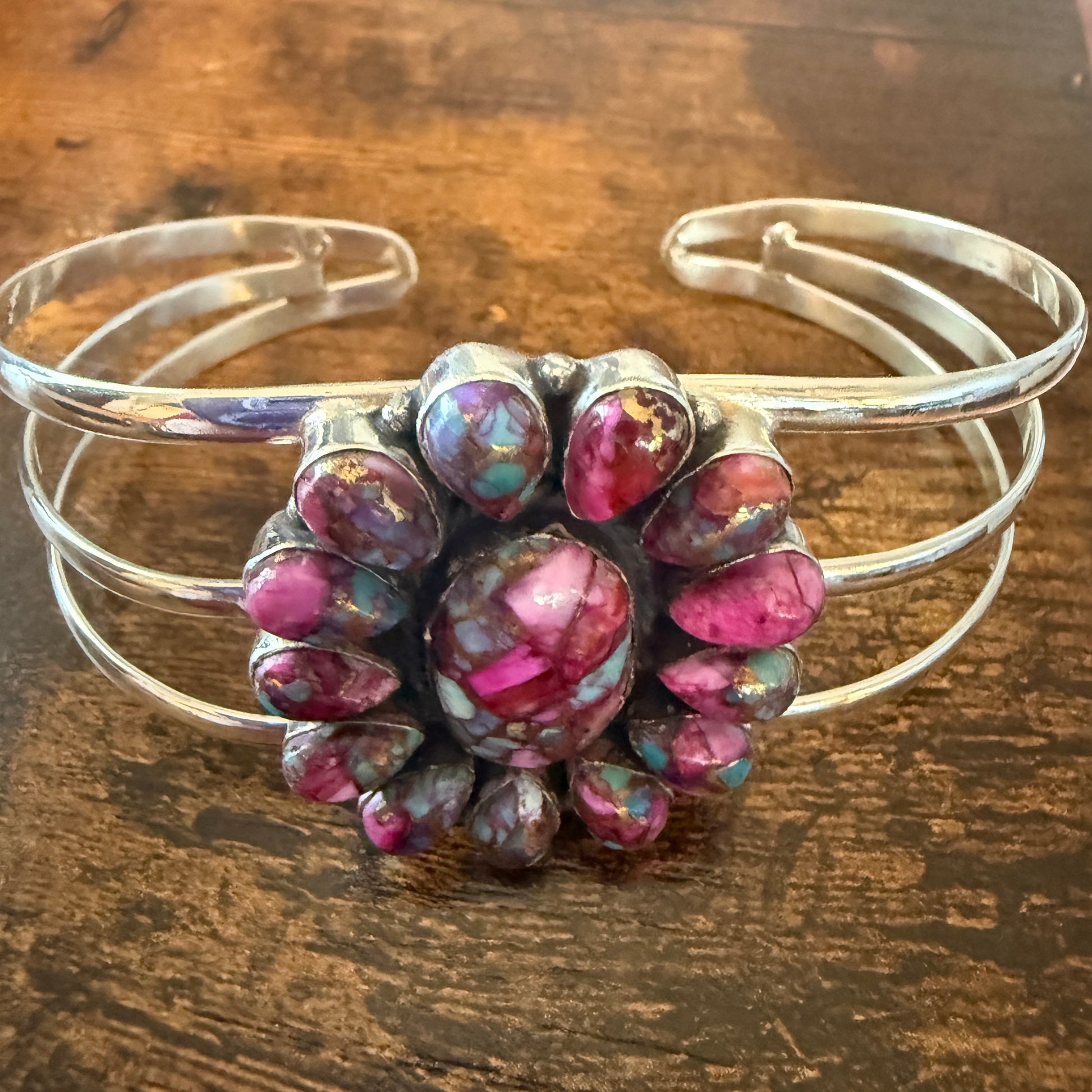 Kingman Pink Dahlia Turquoise Handmade Sterling Silver Adjustable Cuff Silver Elegant