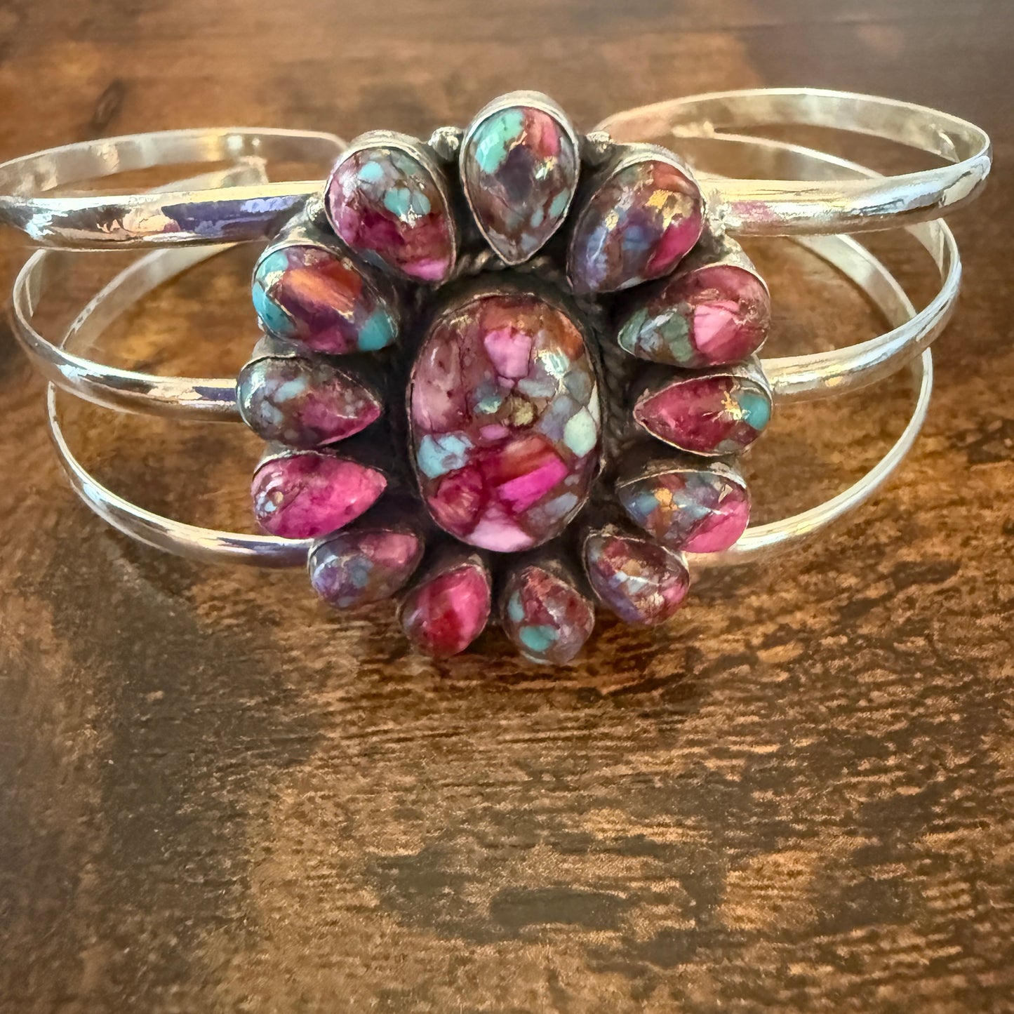 Kingman Pink Dahlia Turquoise Handmade Sterling Silver Adjustable Cuff Silver Elegant