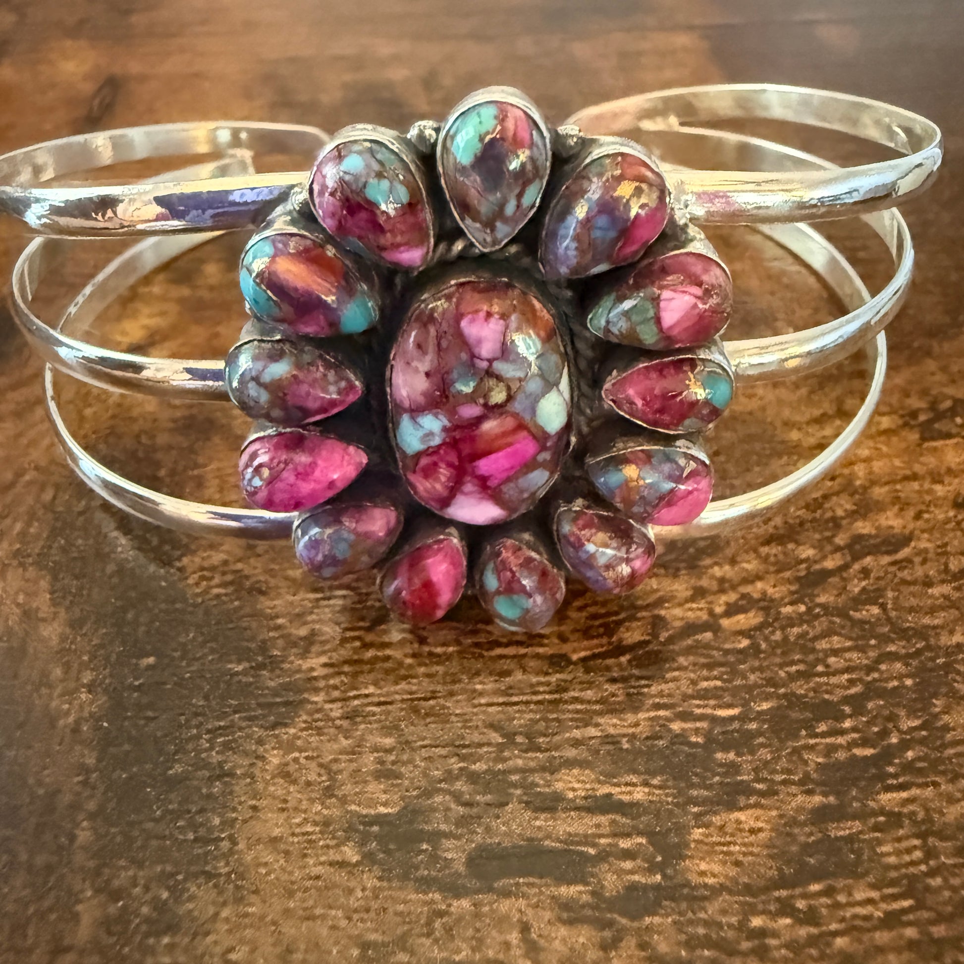 Kingman Pink Dahlia Turquoise Handmade Sterling Silver Adjustable Cuff Silver Elegant
