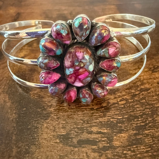 Kingman Pink Dahlia Turquoise Handmade Sterling Silver Adjustable Cuff Silver Elegant