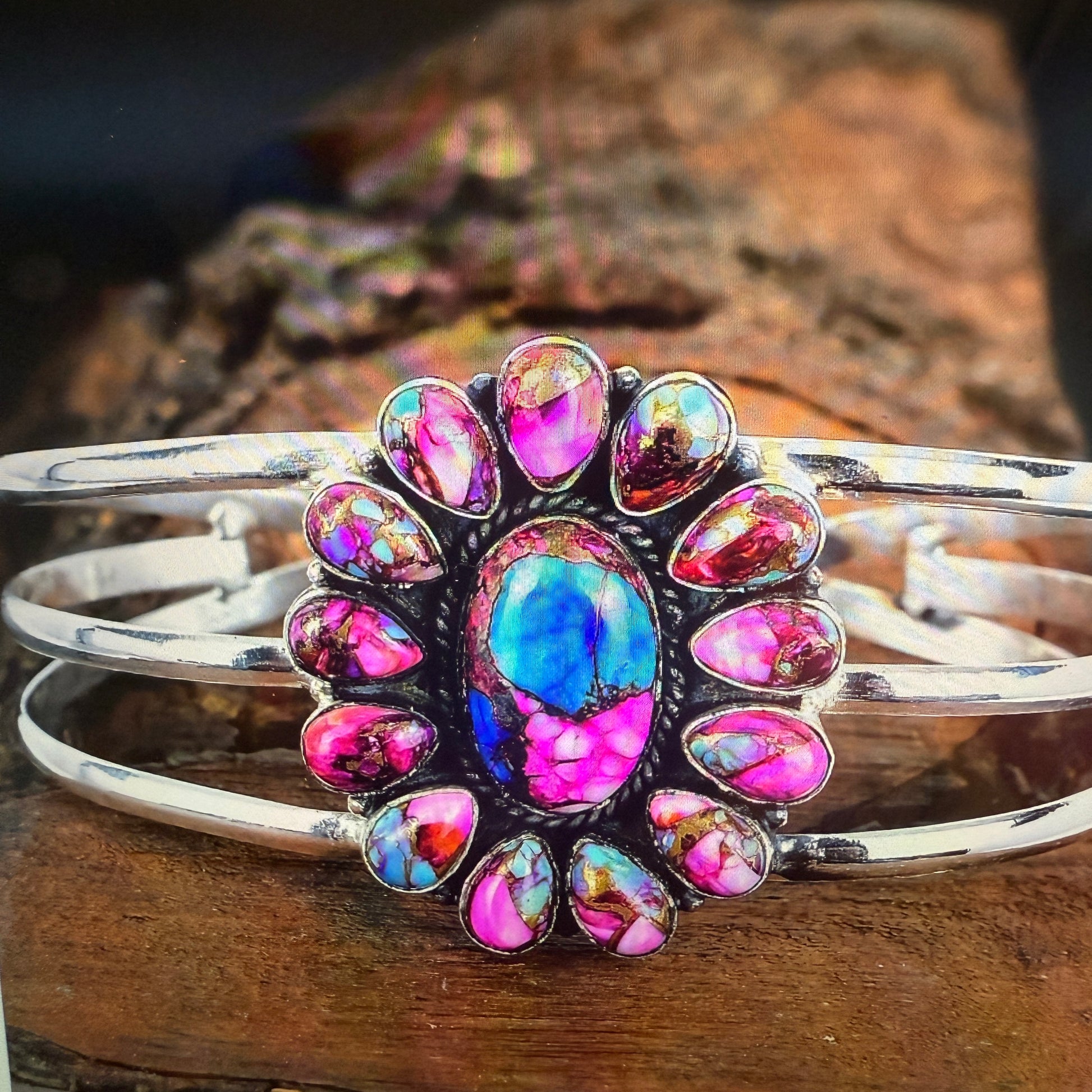 Kingman Pink Dahlia Turquoise Handmade Sterling Silver Adjustable Cuff Silver Elegant