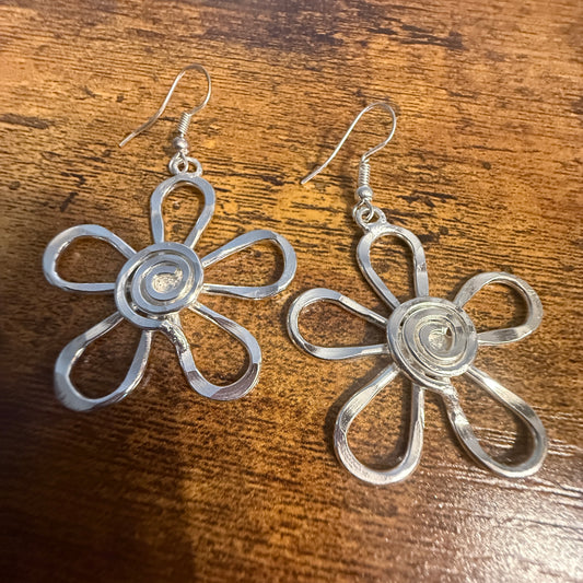 Silver Plated Earrings Spiral Center Flower Handcrafted Disco Vibes Jewelry Anju Jewelry