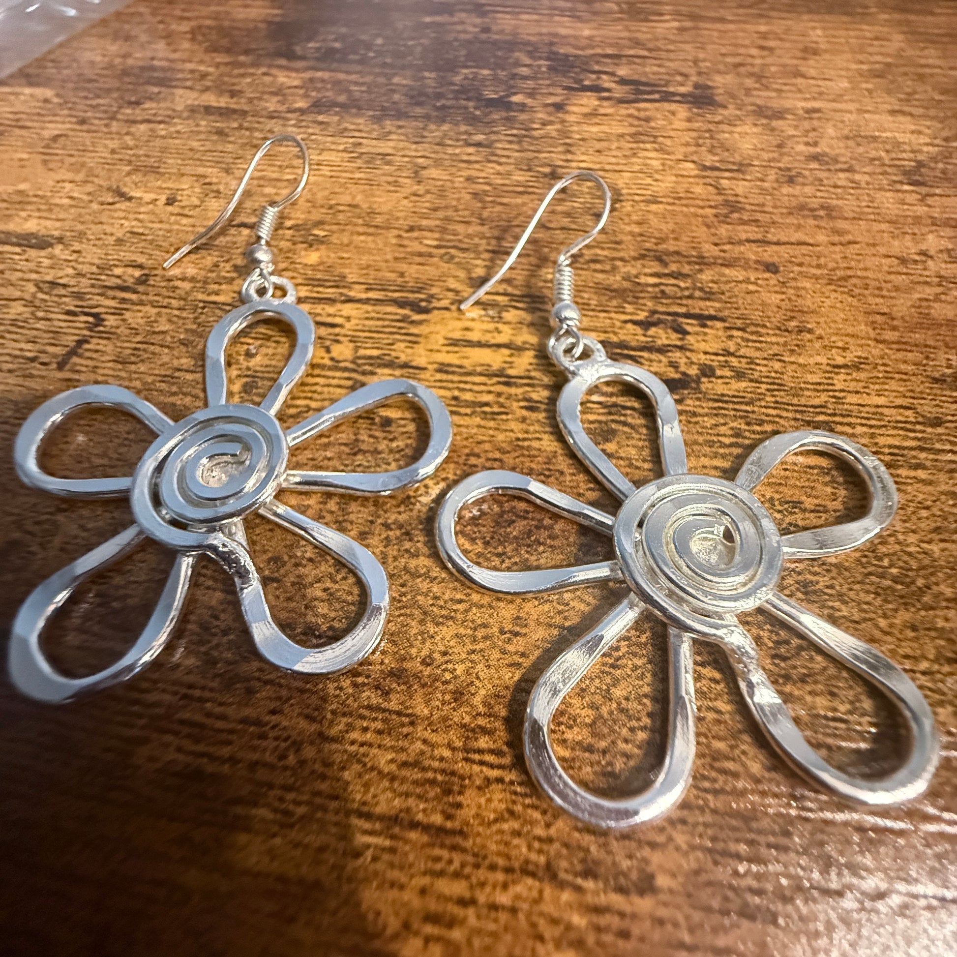 Silver Plated Earrings Spiral Center Flower Handcrafted Disco Vibes Jewelry Anju Jewelry