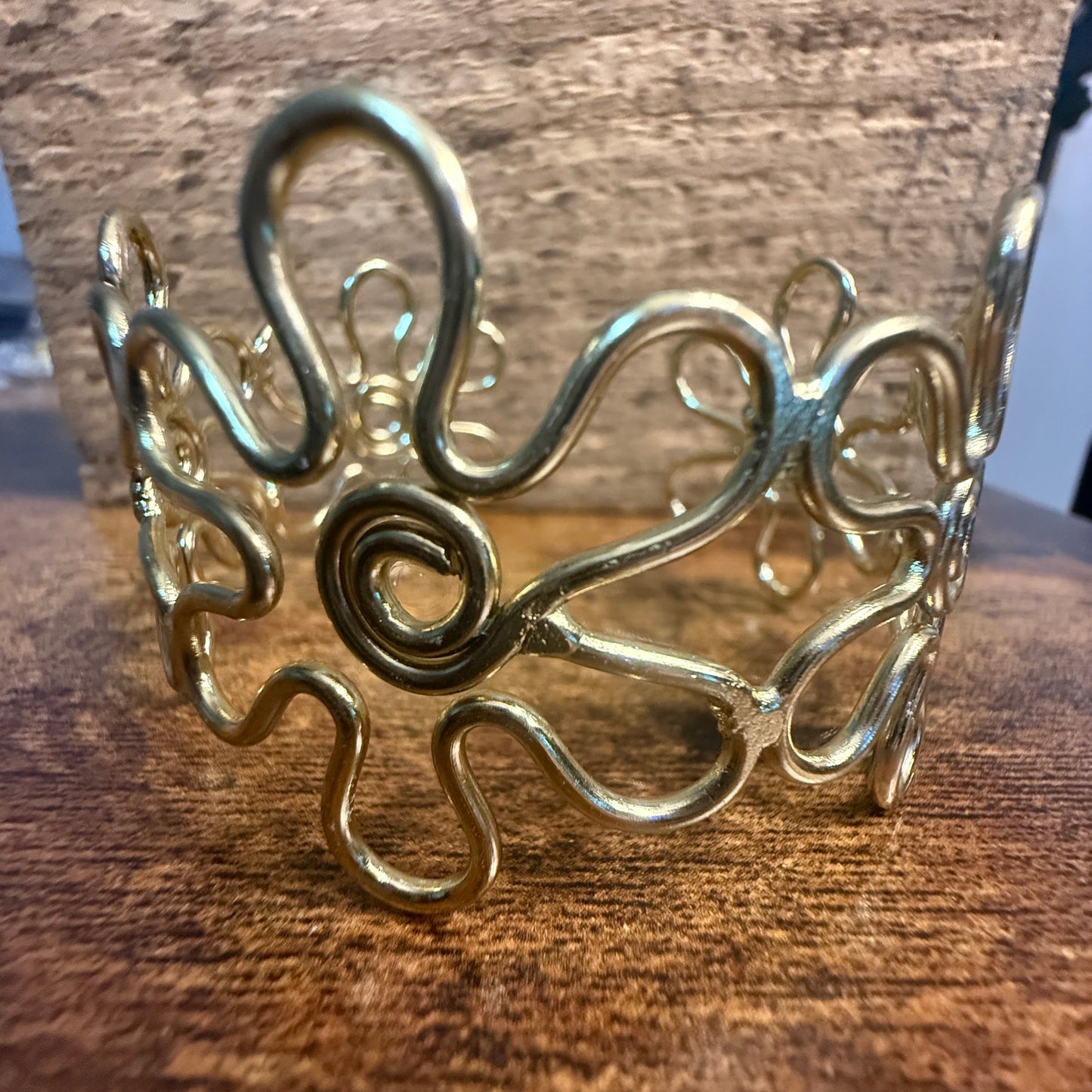 Gold Plated Floral Cuff With Intricate Botanical Design Anju Jewelry