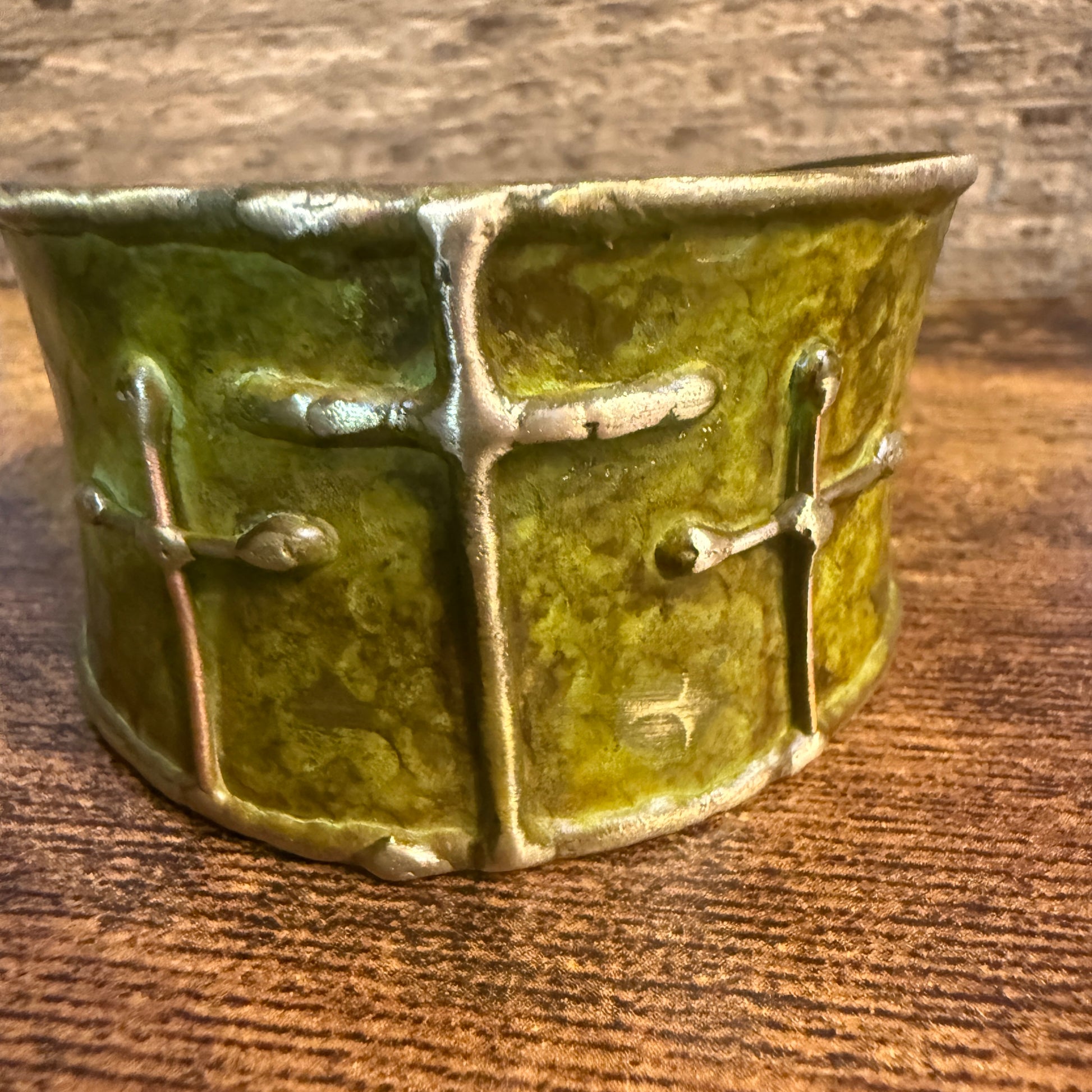 Brass Patina Cuff Bracelet Green Crosses Handcrafted Statement Jewelry Anju Jewelry