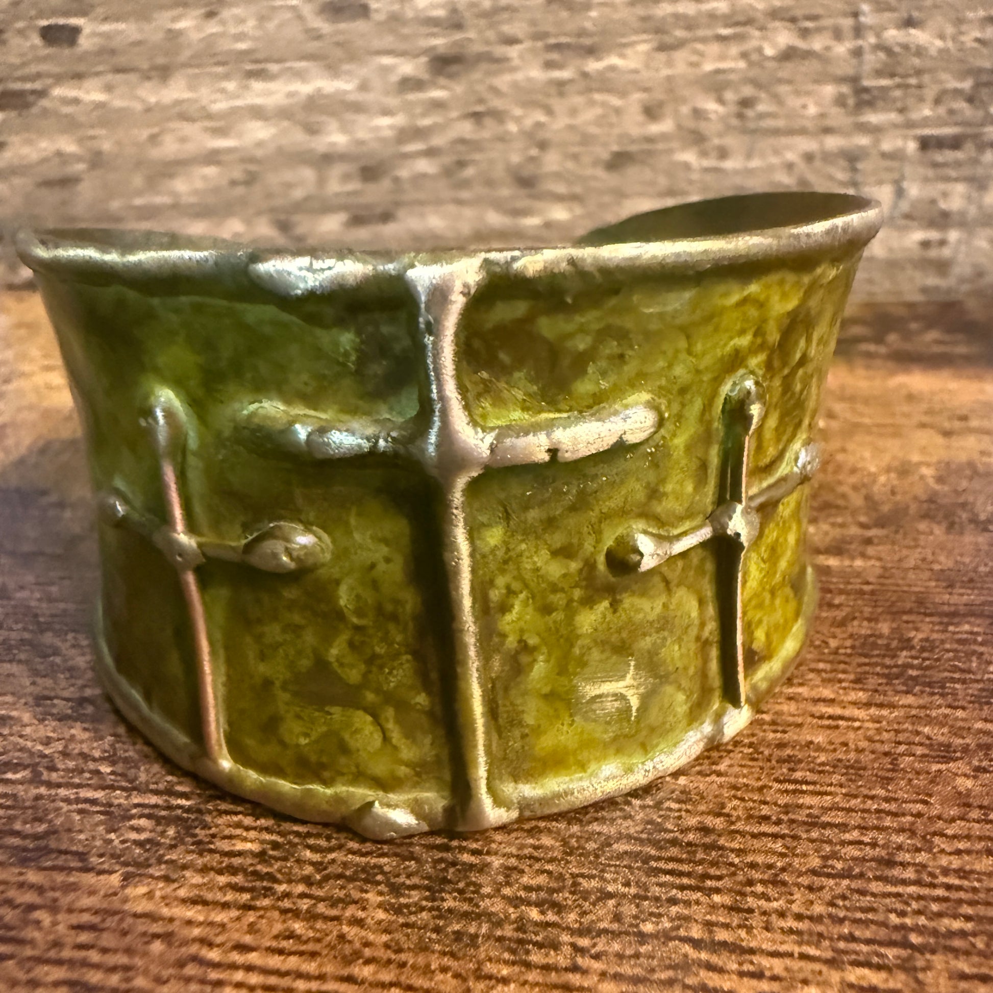 Brass Patina Cuff Bracelet Green Crosses Handcrafted Statement Jewelry Anju Jewelry