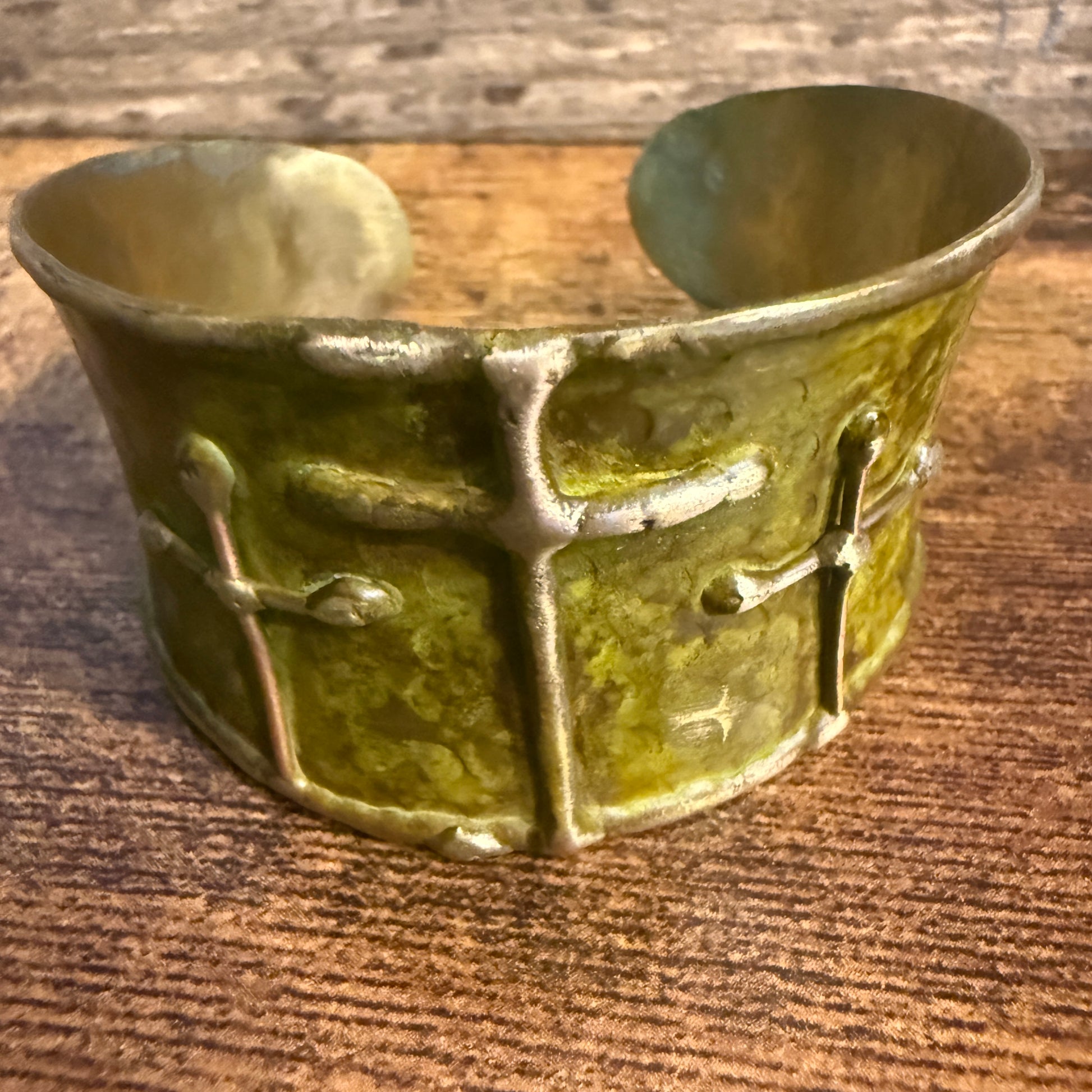 Brass Patina Cuff Bracelet Green Crosses Handcrafted Statement Jewelry Anju Jewelry