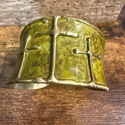 Brass Patina Cuff Bracelet Green Crosses Handcrafted Statement Jewelry Anju Jewelry