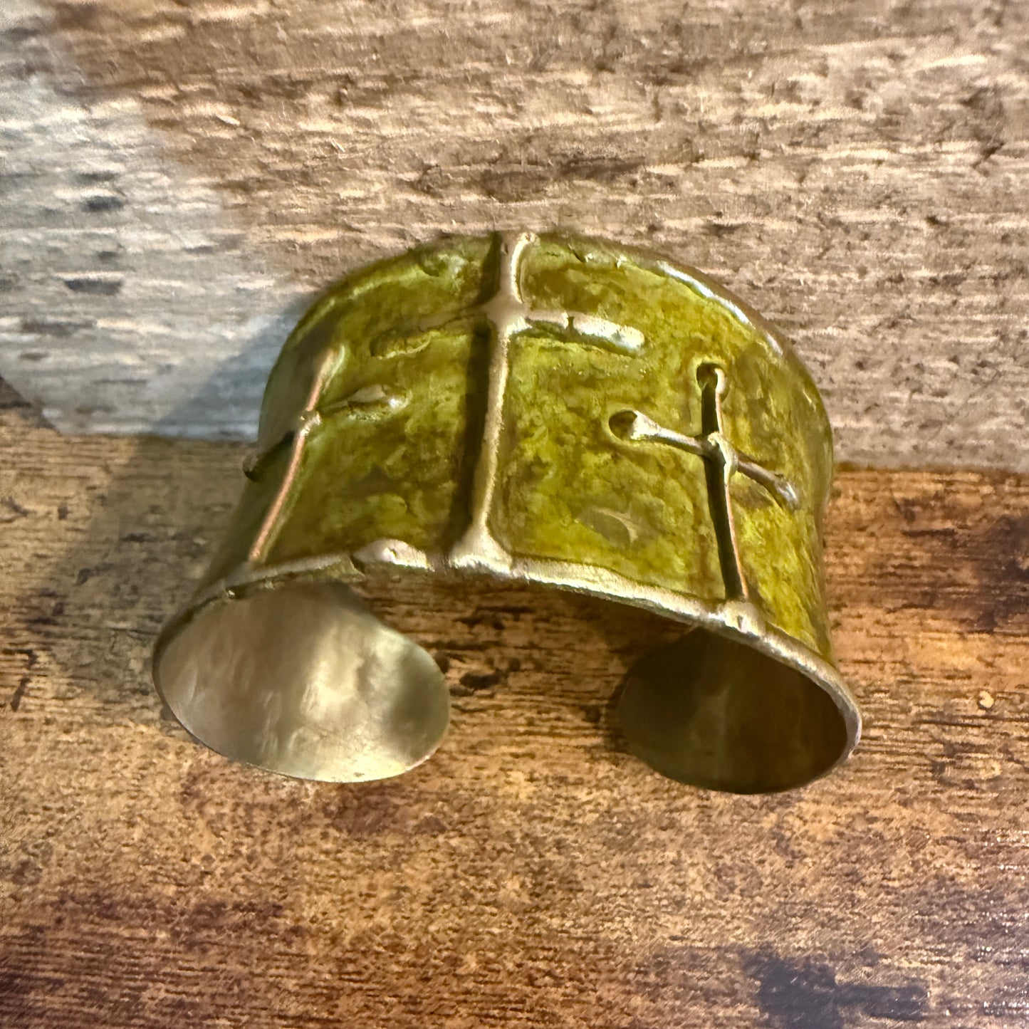 Brass Patina Cuff Bracelet Green Crosses Handcrafted Statement Jewelry Anju Jewelry