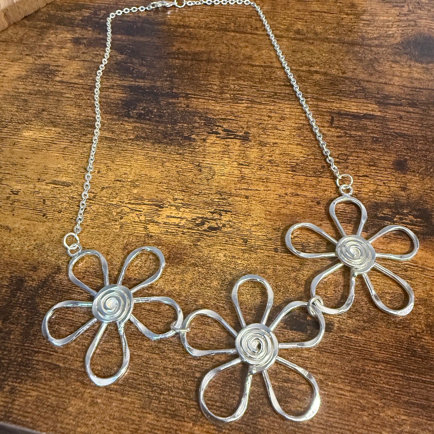 Handmade Sterling Silver Plated Necklace With Spiral Center Flowers Anju Jewelry