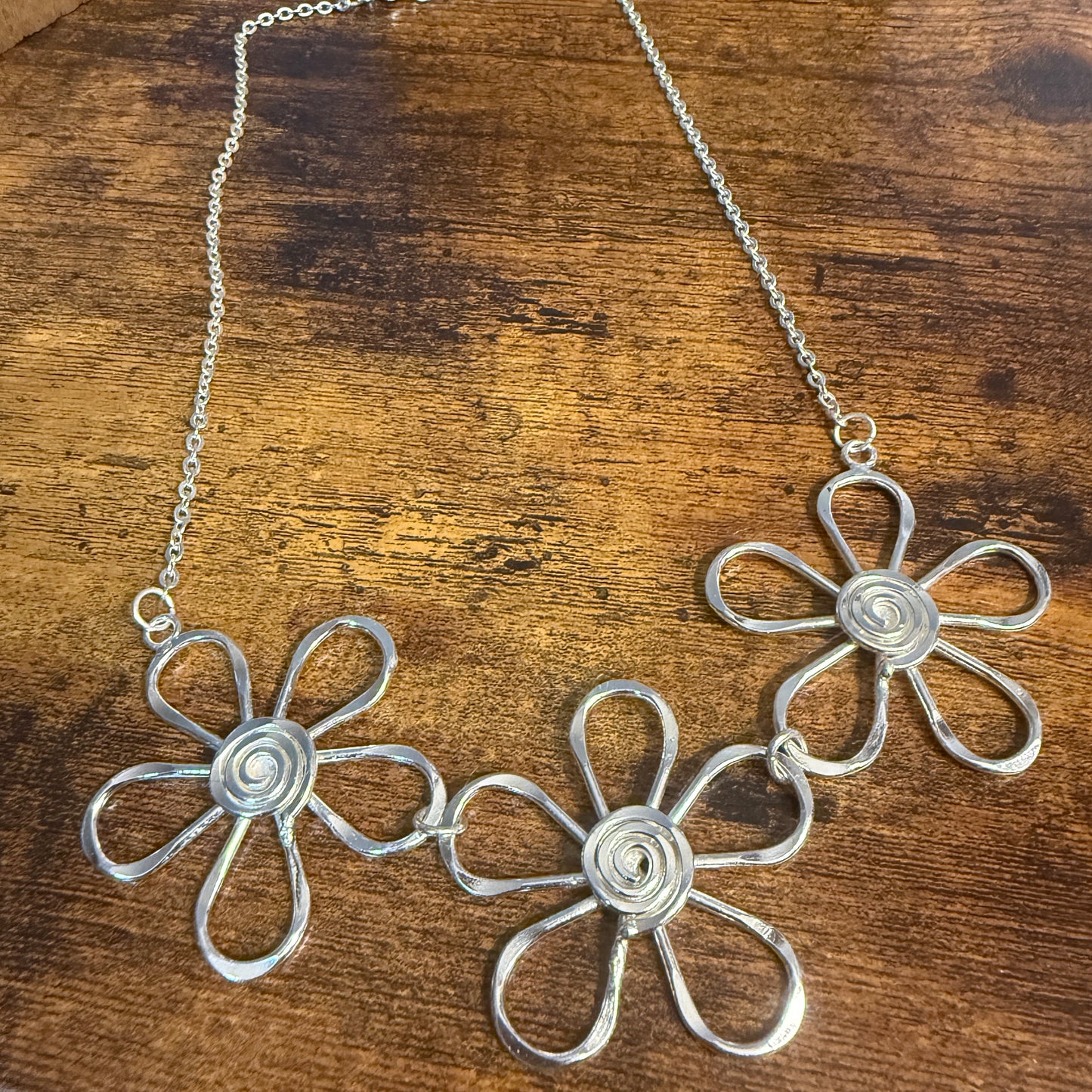 Handmade Sterling Silver Plated Necklace With Spiral Center Flowers Anju Jewelry