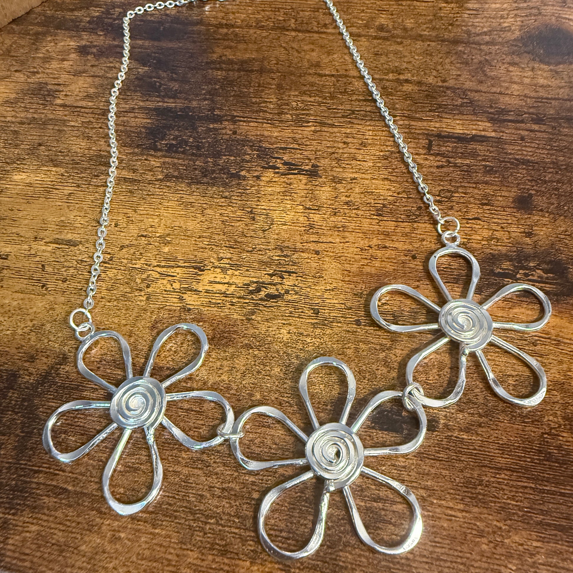 Handmade Sterling Silver Plated Necklace With Spiral Center Flowers Anju Jewelry