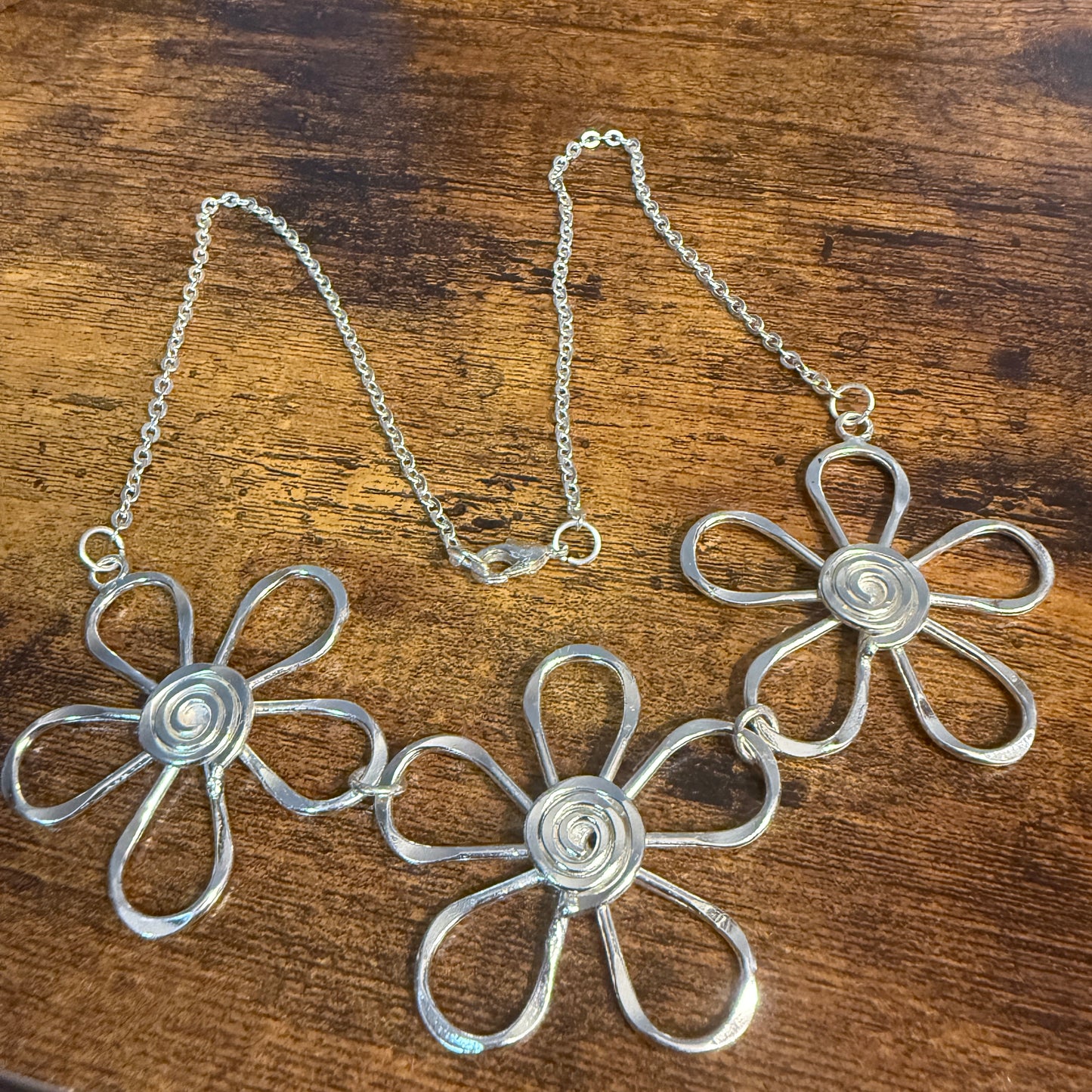 Handmade Sterling Silver Plated Necklace With Spiral Center Flowers Anju Jewelry