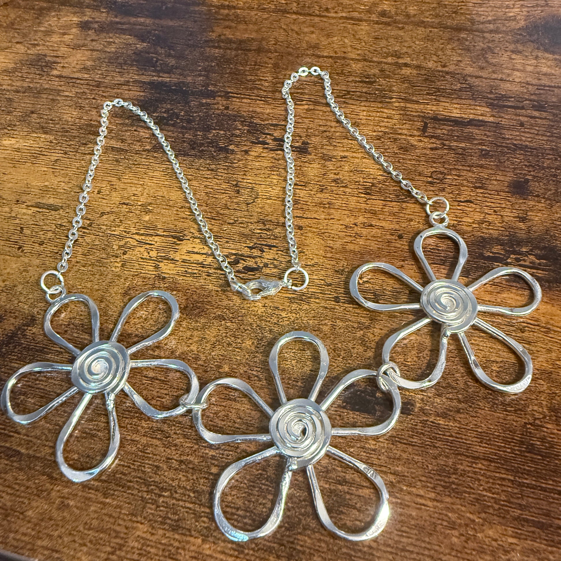 Handmade Sterling Silver Plated Necklace With Spiral Center Flowers Anju Jewelry