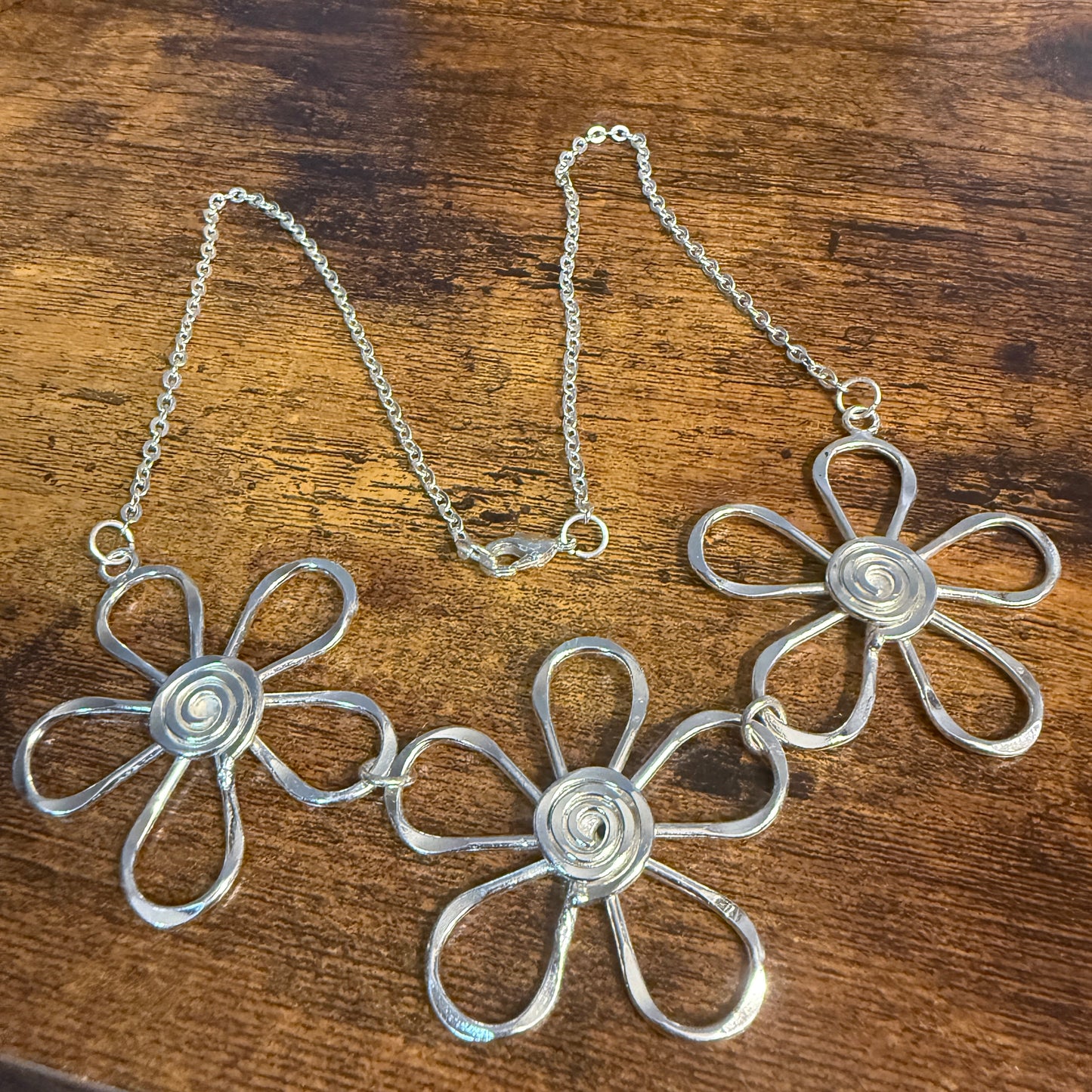 Handmade Sterling Silver Plated Necklace With Spiral Center Flowers Anju Jewelry
