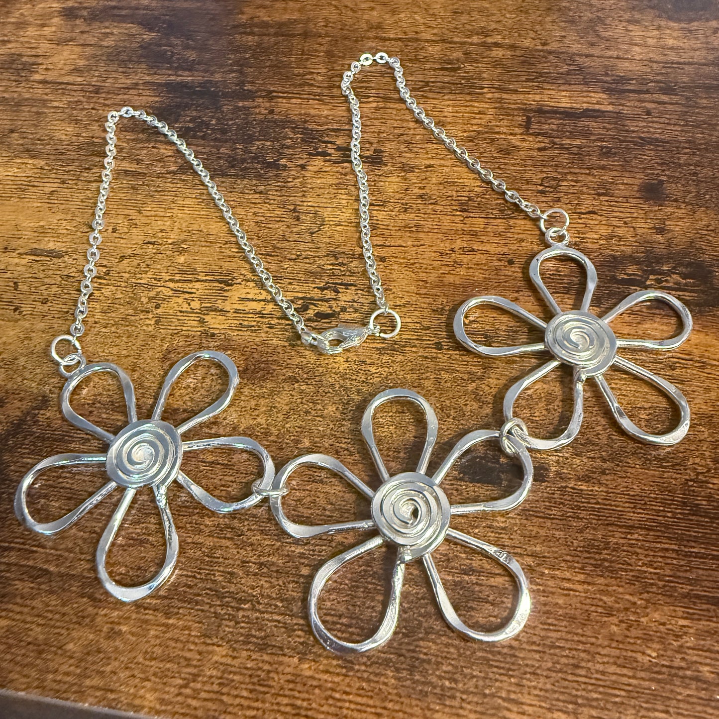Handmade Sterling Silver Plated Necklace With Spiral Center Flowers Anju Jewelry