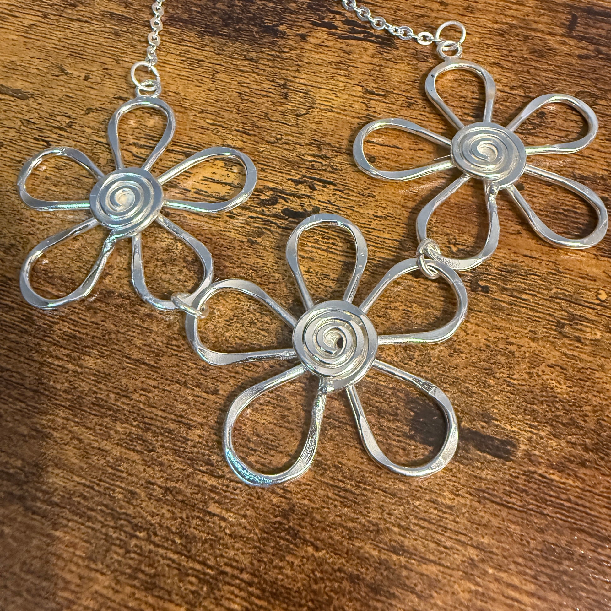 Handmade Sterling Silver Plated Necklace With Spiral Center Flowers Anju Jewelry