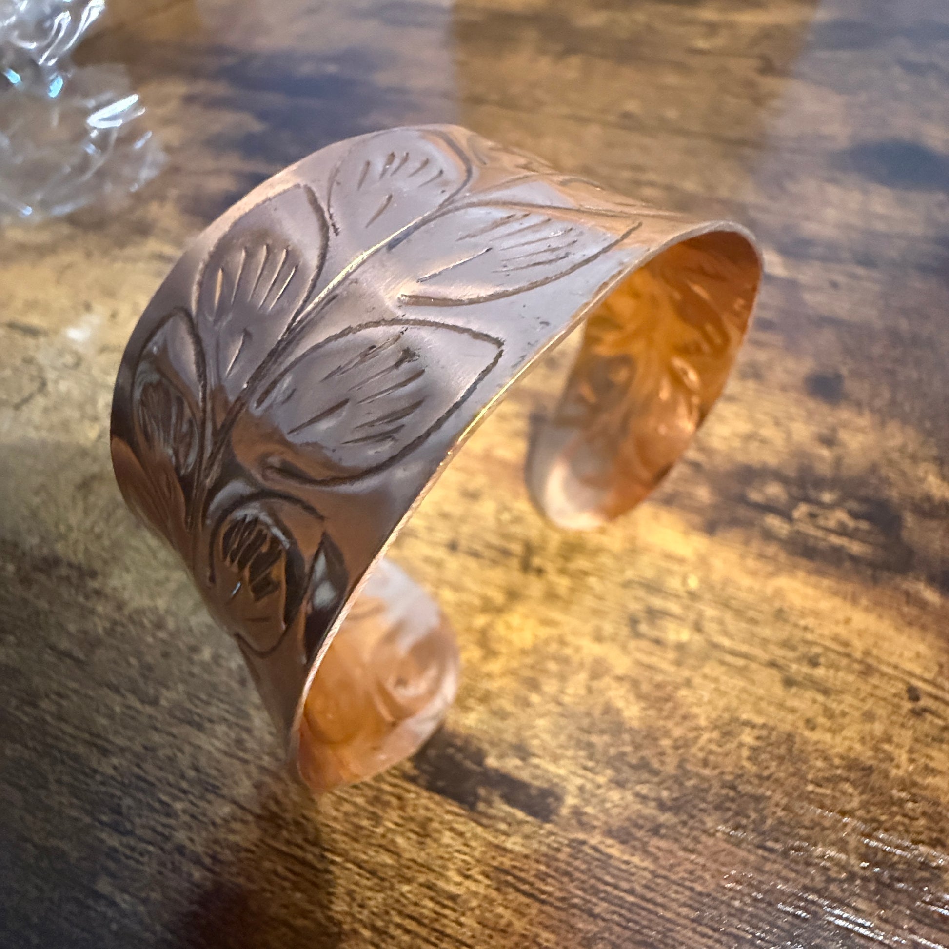 Handcrafted Copper Leaf Trail Cuff With Etched Leaf Design Anju Jewelry
