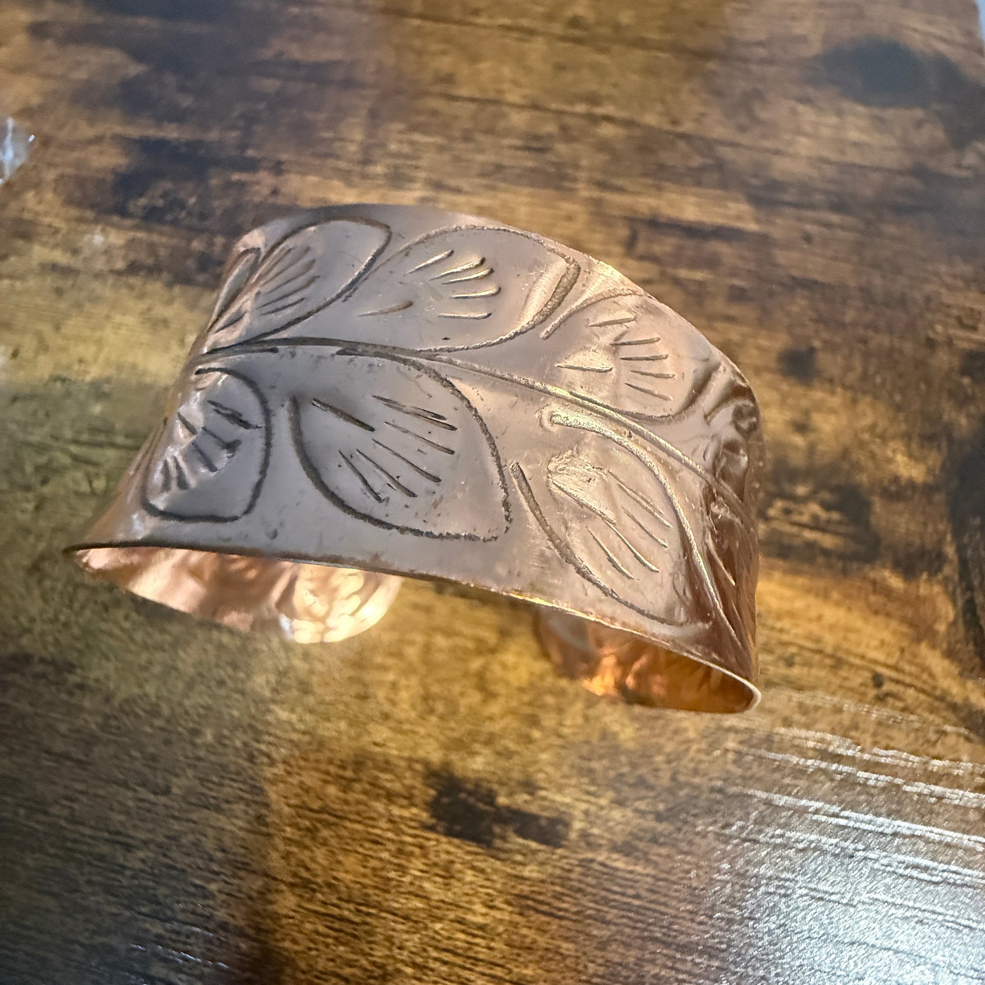 Handcrafted Copper Leaf Trail Cuff With Etched Leaf Design Anju Jewelry