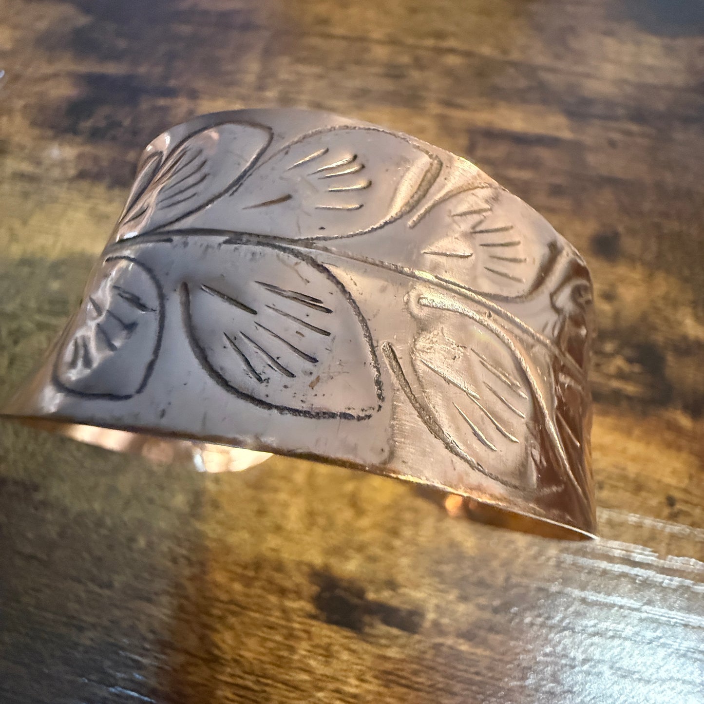 Handcrafted Copper Leaf Trail Cuff With Etched Leaf Design Anju Jewelry