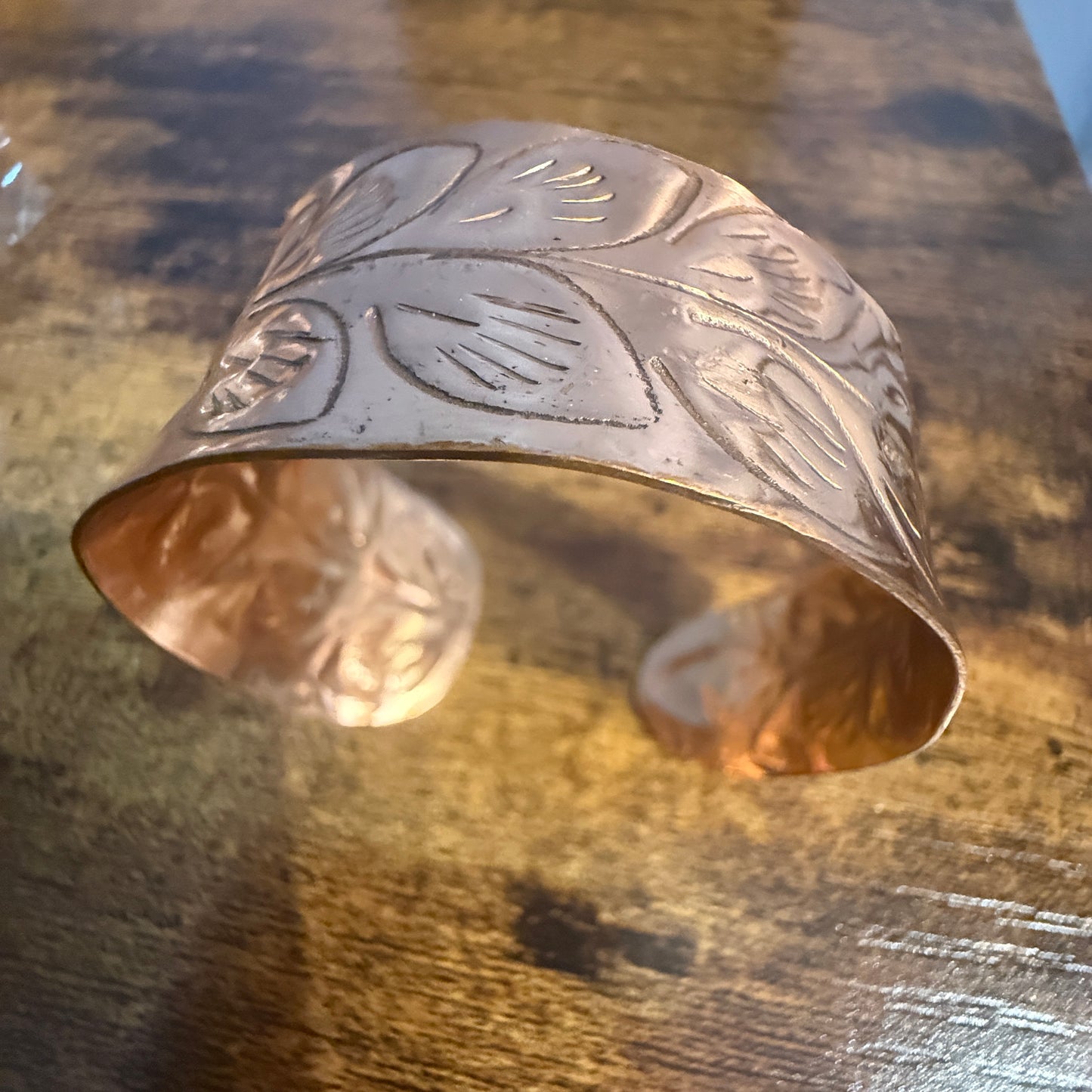 Handcrafted Copper Leaf Trail Cuff With Etched Leaf Design Anju Jewelry