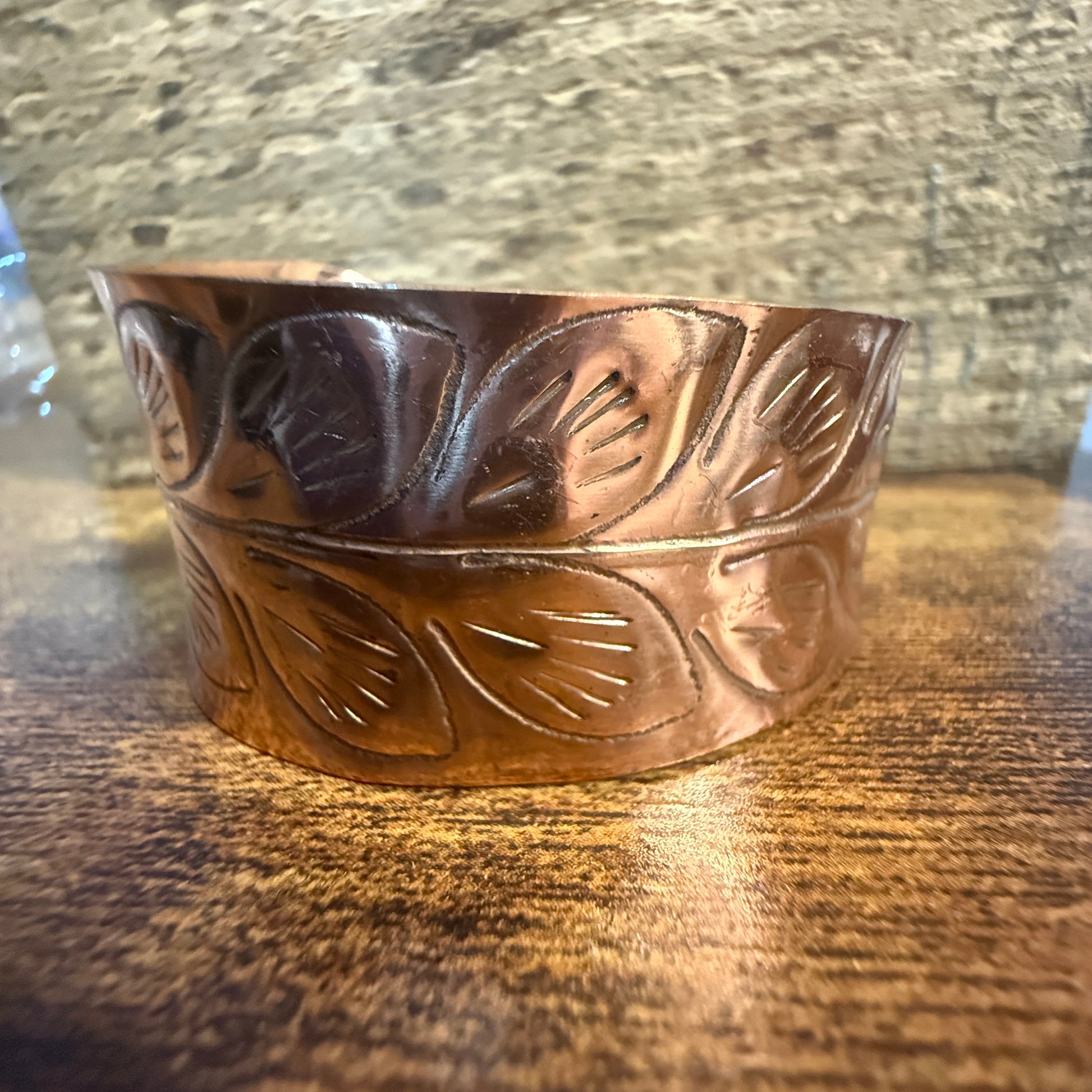 Handcrafted Copper Leaf Trail Cuff With Etched Leaf Design Anju Jewelry
