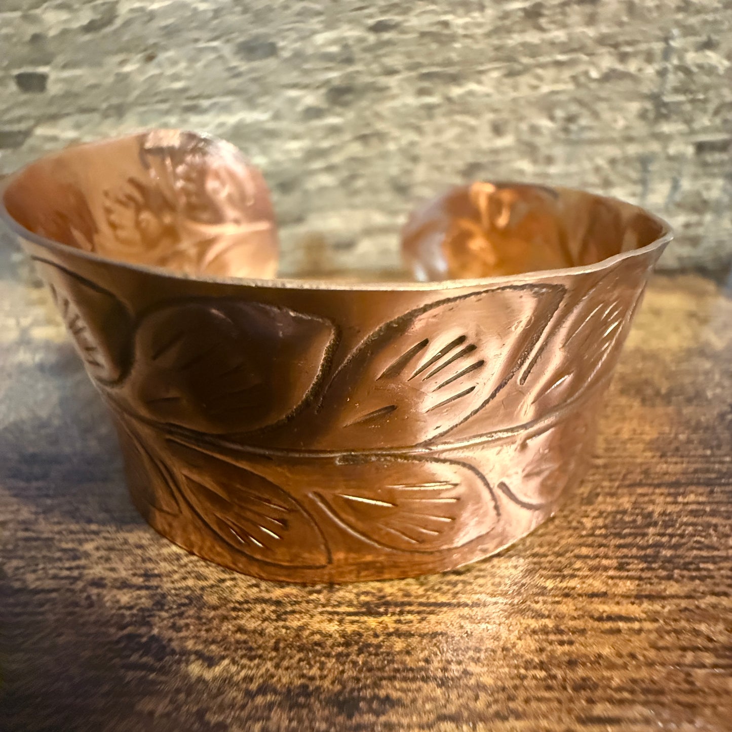 Handcrafted Copper Leaf Trail Cuff With Etched Leaf Design Anju Jewelry