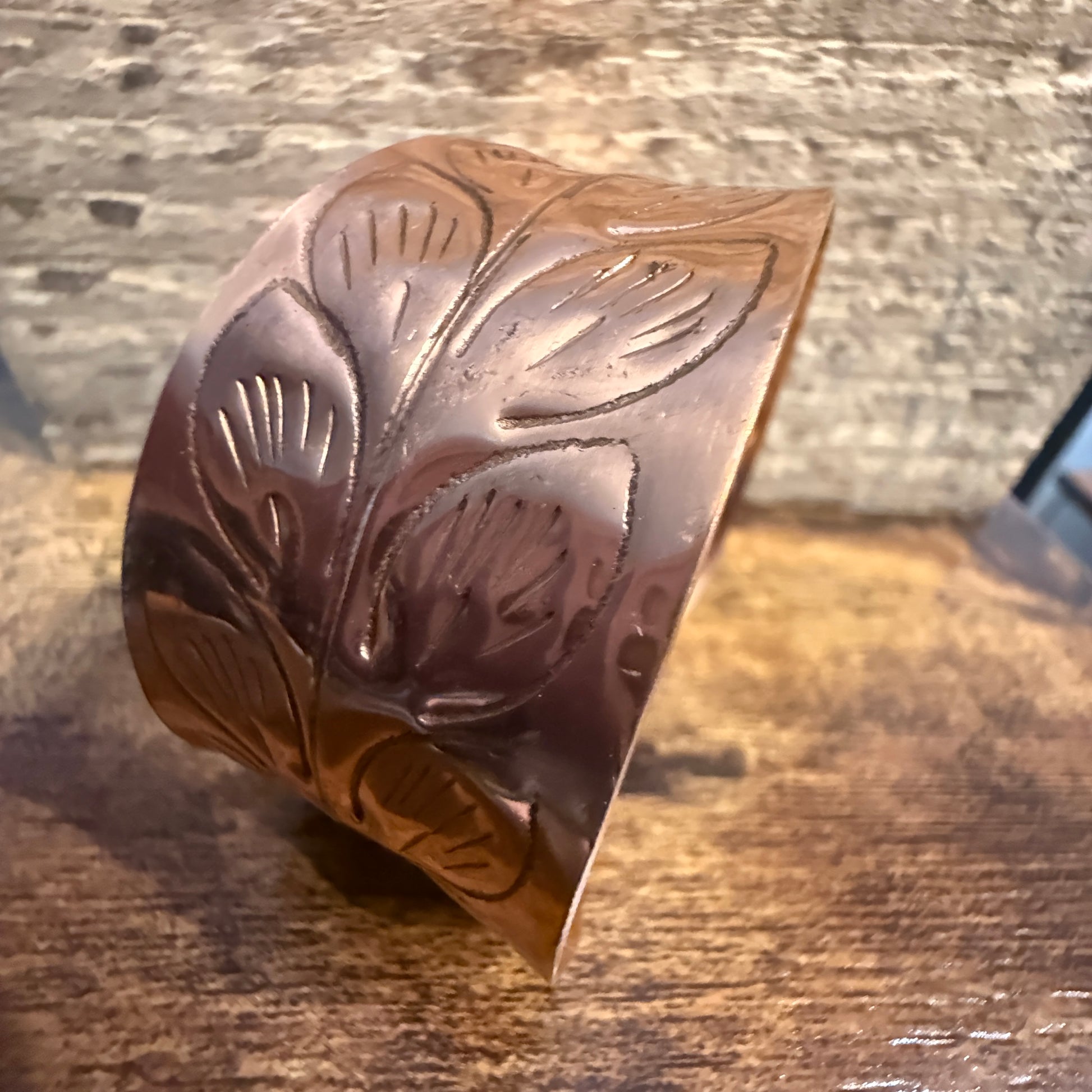 Handcrafted Copper Leaf Trail Cuff With Etched Leaf Design Anju Jewelry