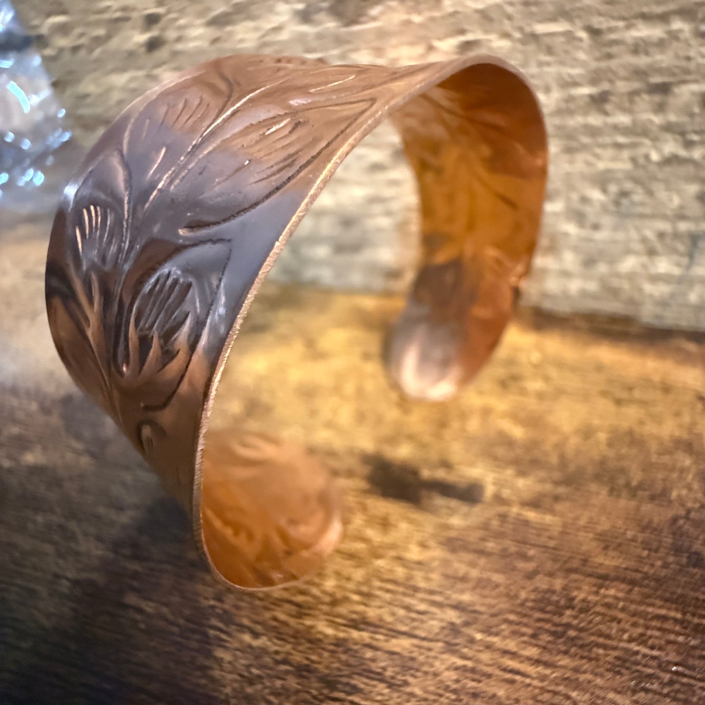 Handcrafted Copper Leaf Trail Cuff With Etched Leaf Design Anju Jewelry