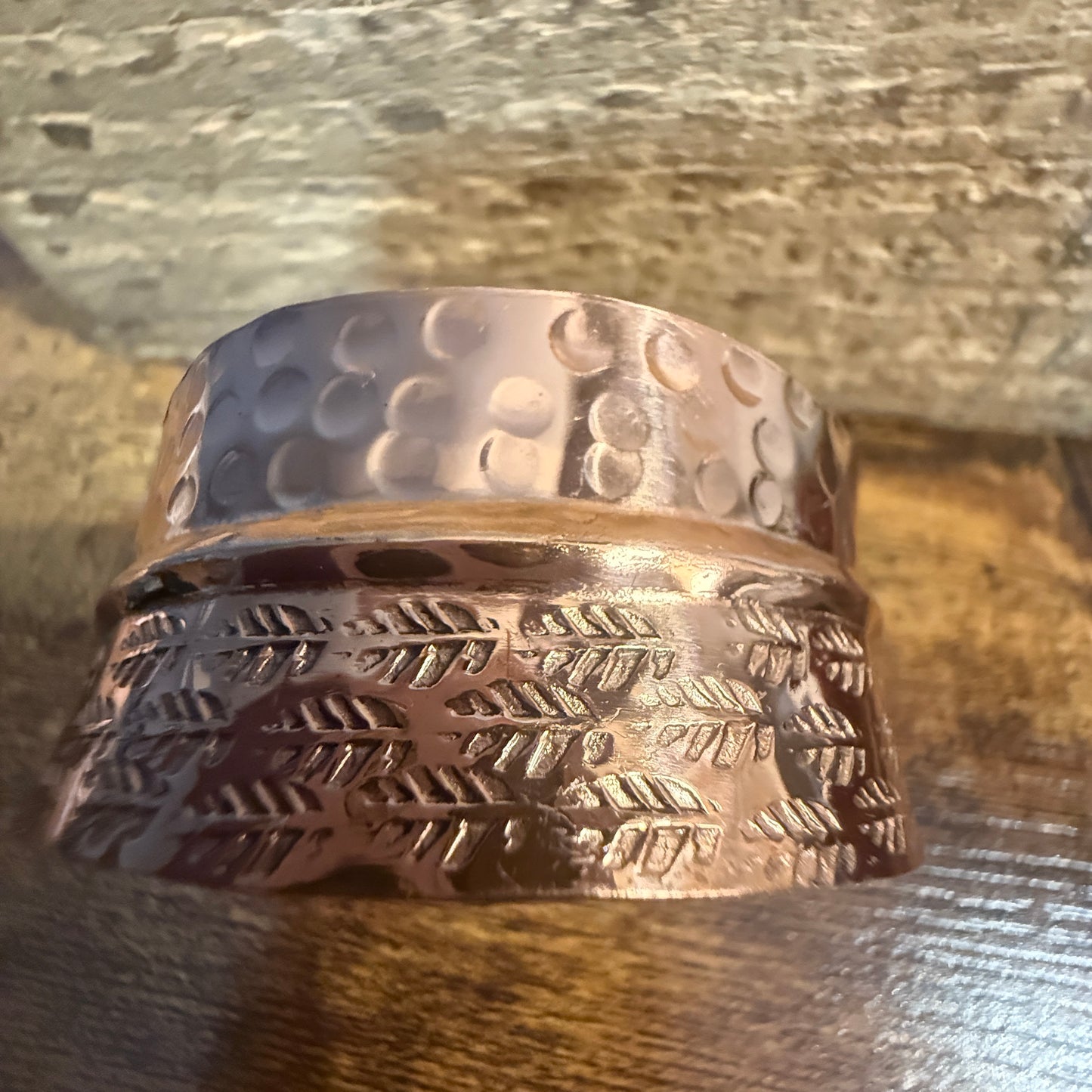 Copper Cuff Bracelet Dual Texture Hammered Crosshatched Anju Jewelry