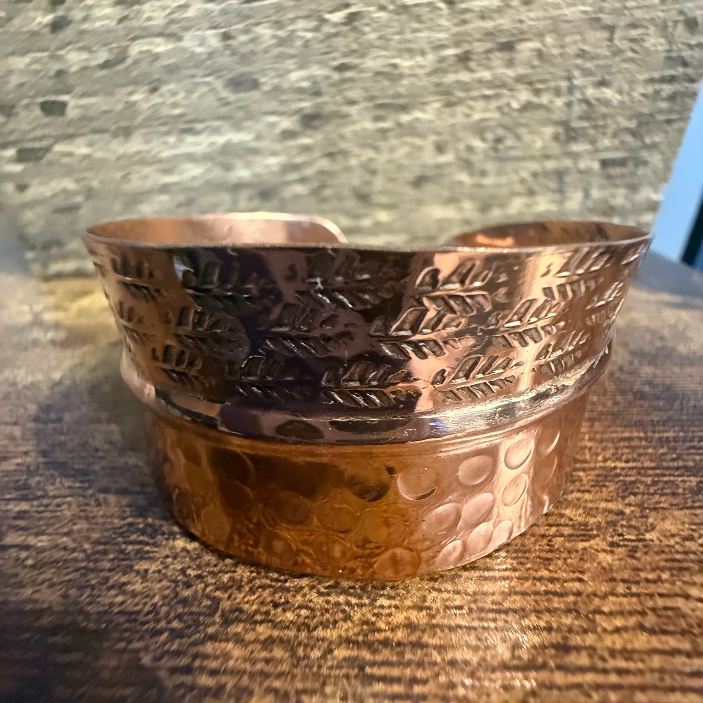 Copper Cuff Bracelet Dual Texture Hammered Crosshatched Anju Jewelry