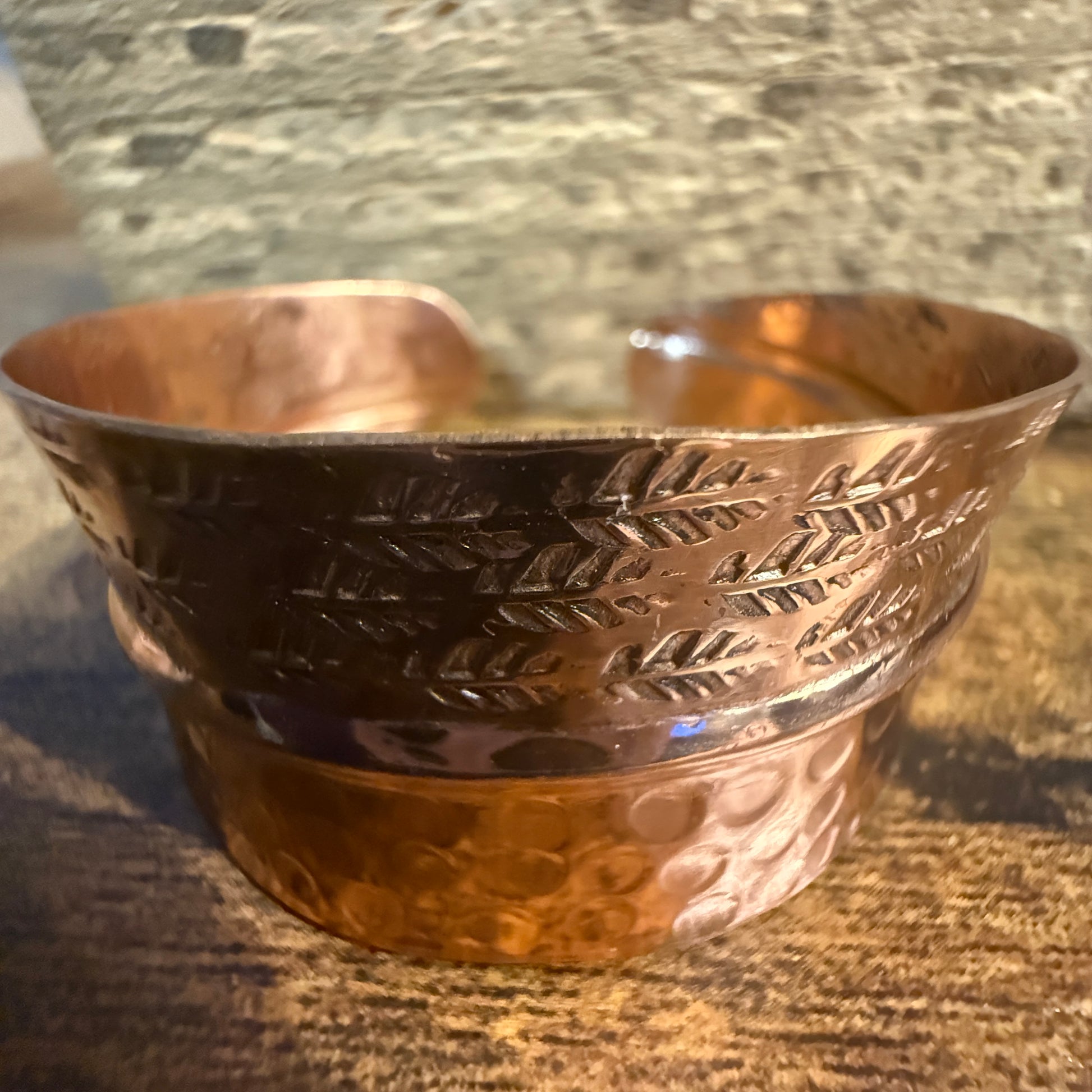 Copper Cuff Bracelet Dual Texture Hammered Crosshatched Anju Jewelry