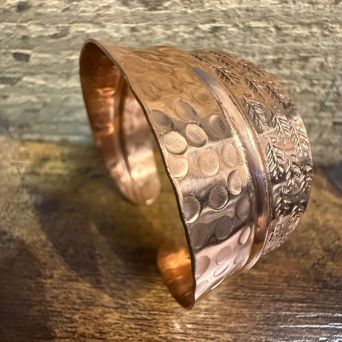Copper Cuff Bracelet Dual Texture Hammered Crosshatched Anju Jewelry