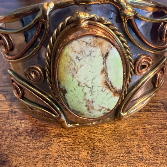 Lemon Chrysoprase Natural Stone Wide Cuff Bracelet In Mixed Metals Silver Elegant