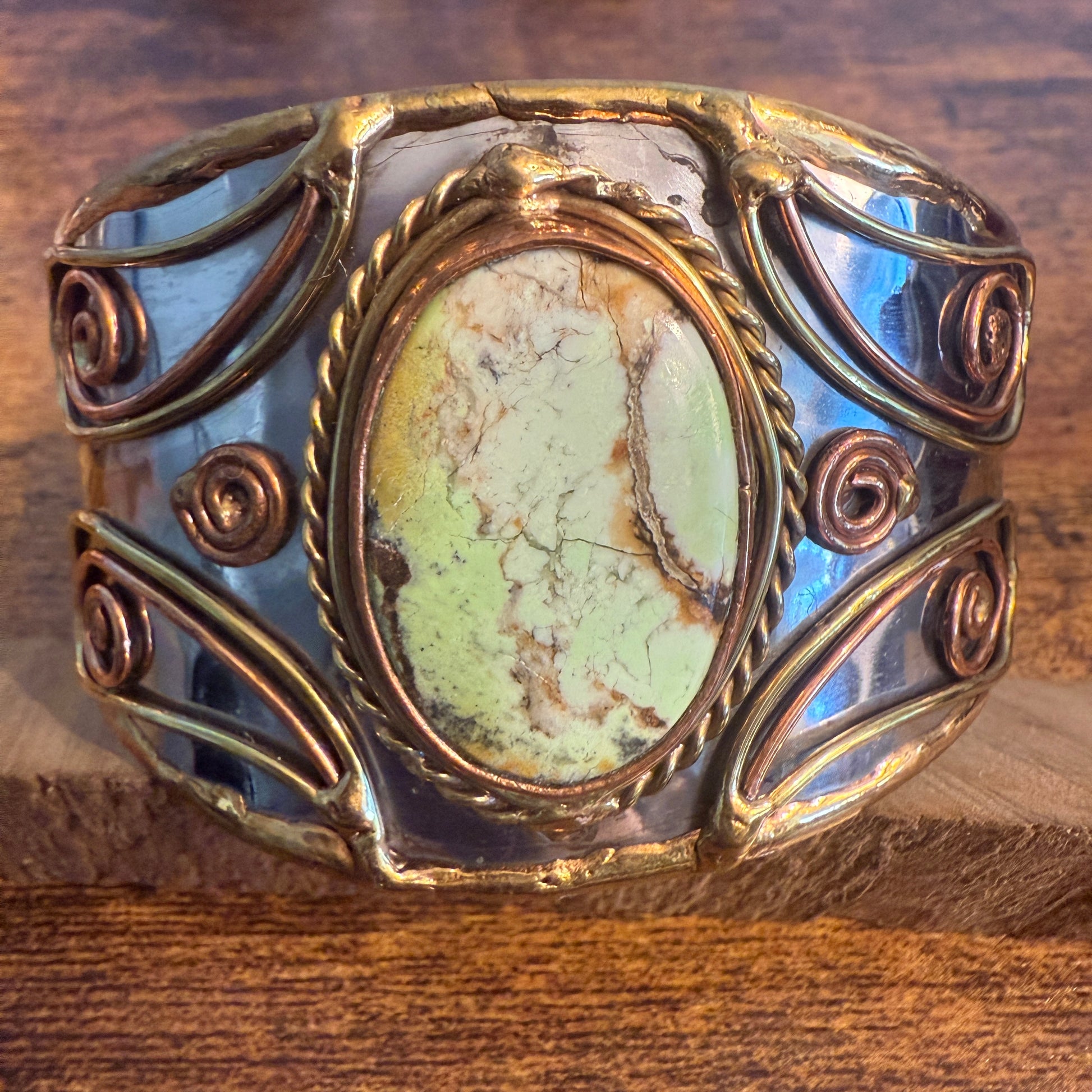 Lemon Chrysoprase Natural Stone Wide Cuff Bracelet In Mixed Metals Silver Elegant