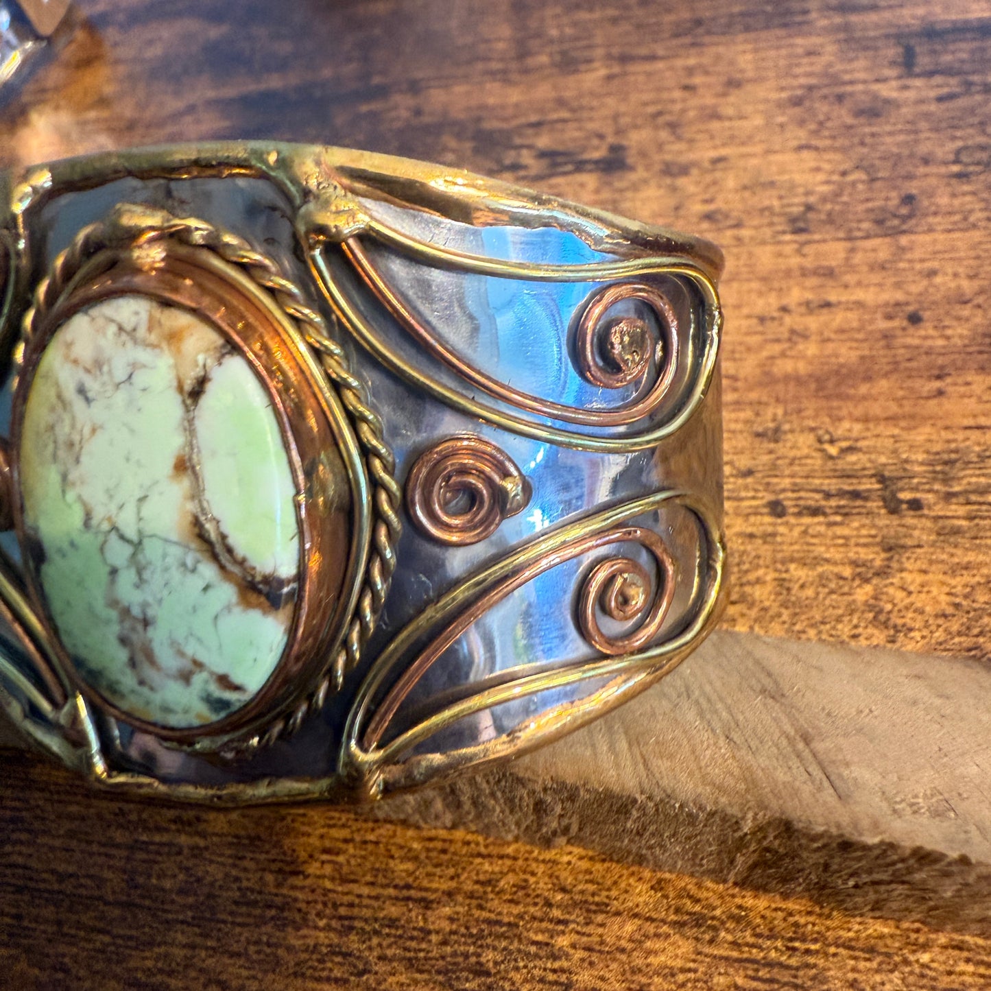 Lemon Chrysoprase Natural Stone Wide Cuff Bracelet In Mixed Metals Silver Elegant