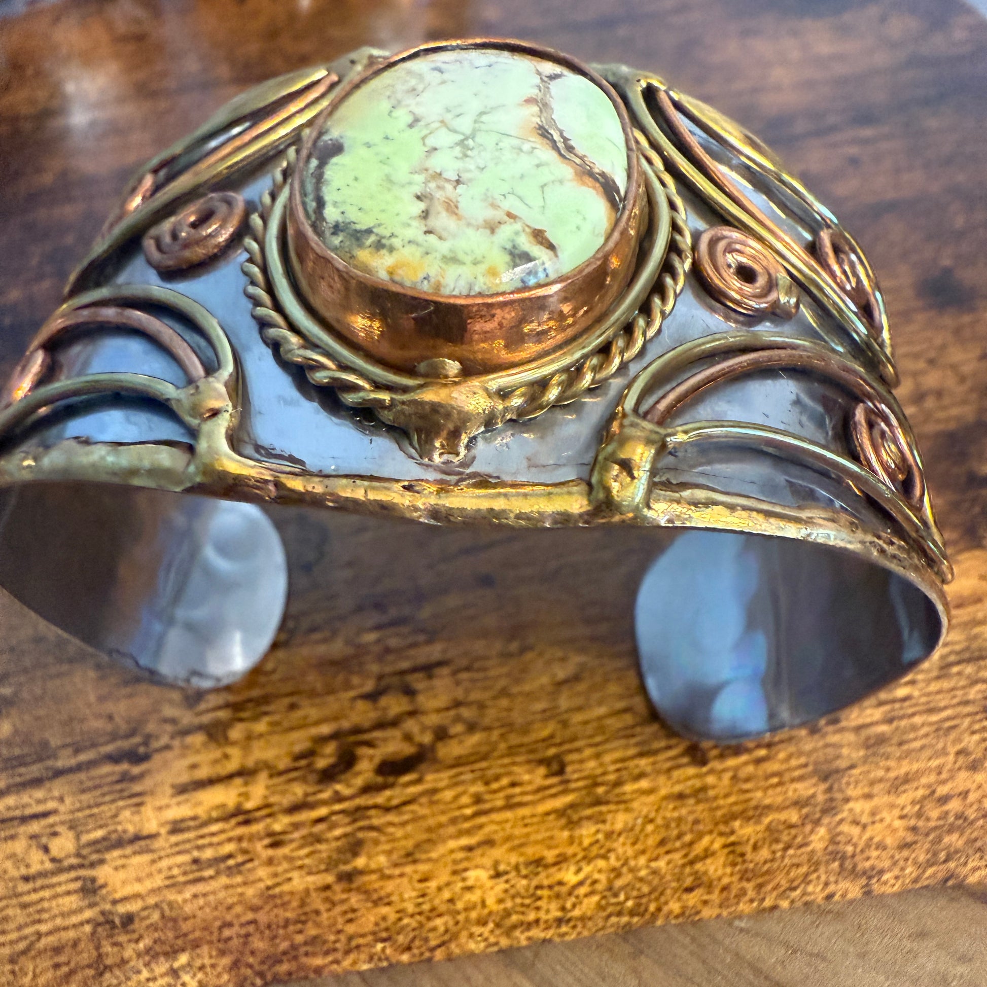Lemon Chrysoprase Natural Stone Wide Cuff Bracelet In Mixed Metals Silver Elegant