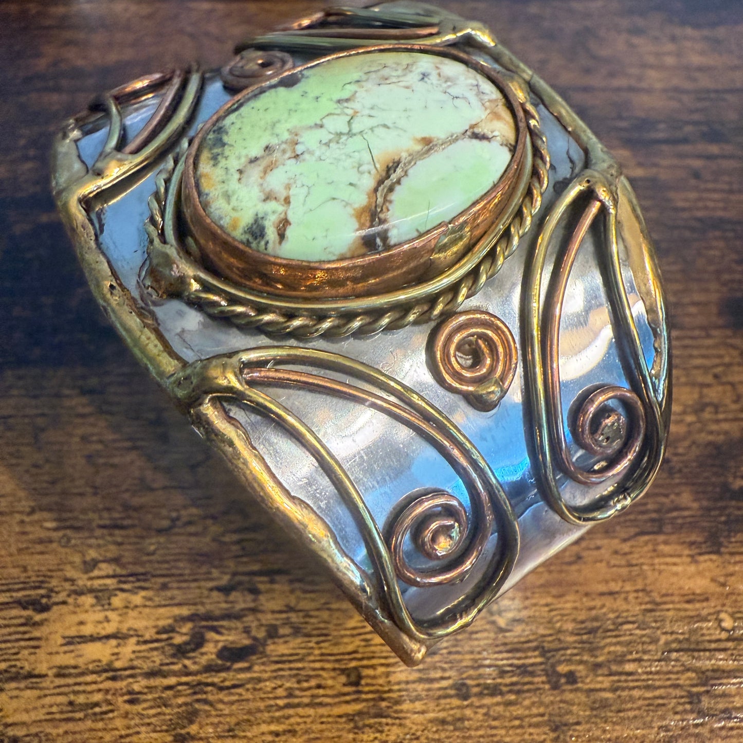 Lemon Chrysoprase Natural Stone Wide Cuff Bracelet In Mixed Metals Silver Elegant