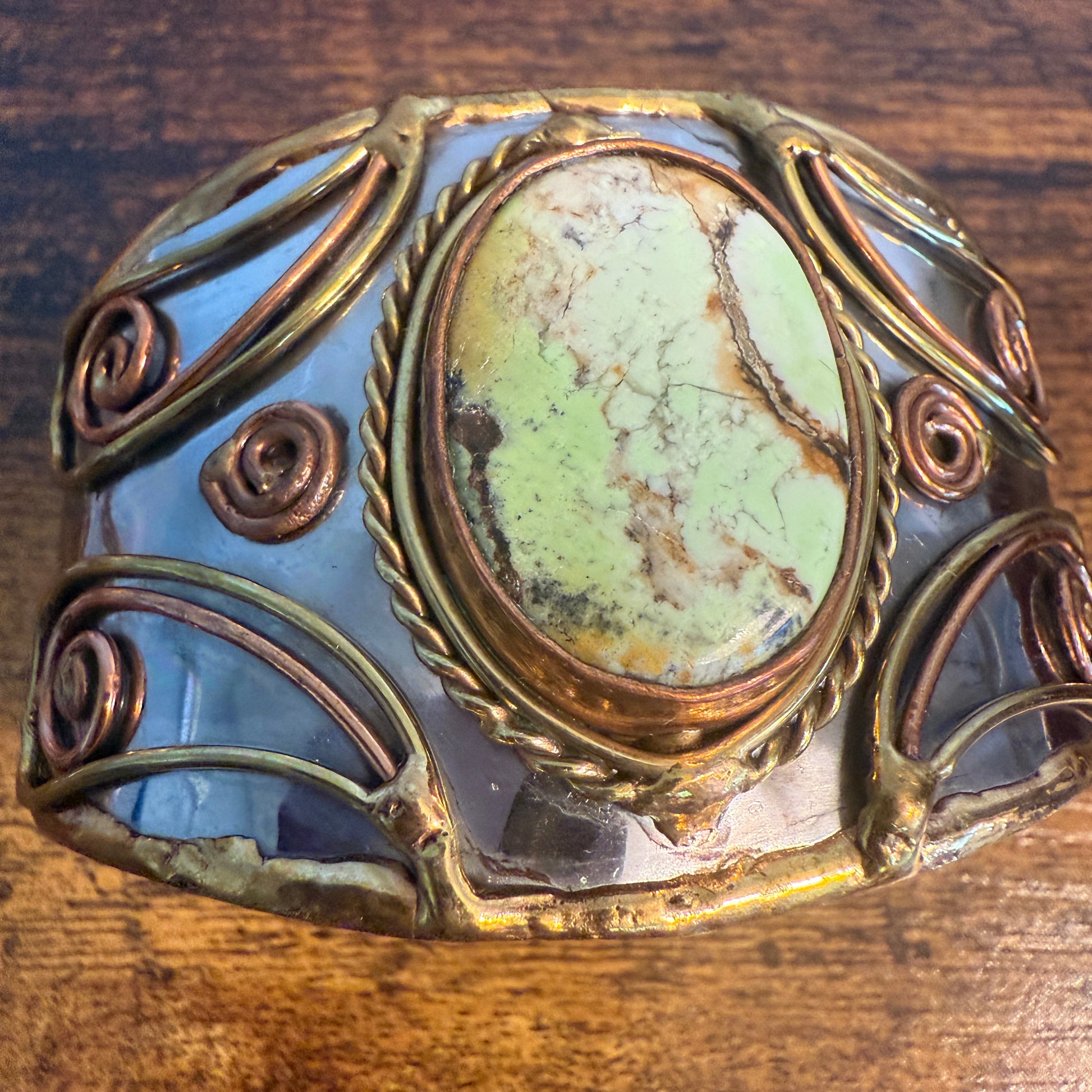 Lemon Chrysoprase Natural Stone Wide Cuff Bracelet In Mixed Metals Silver Elegant