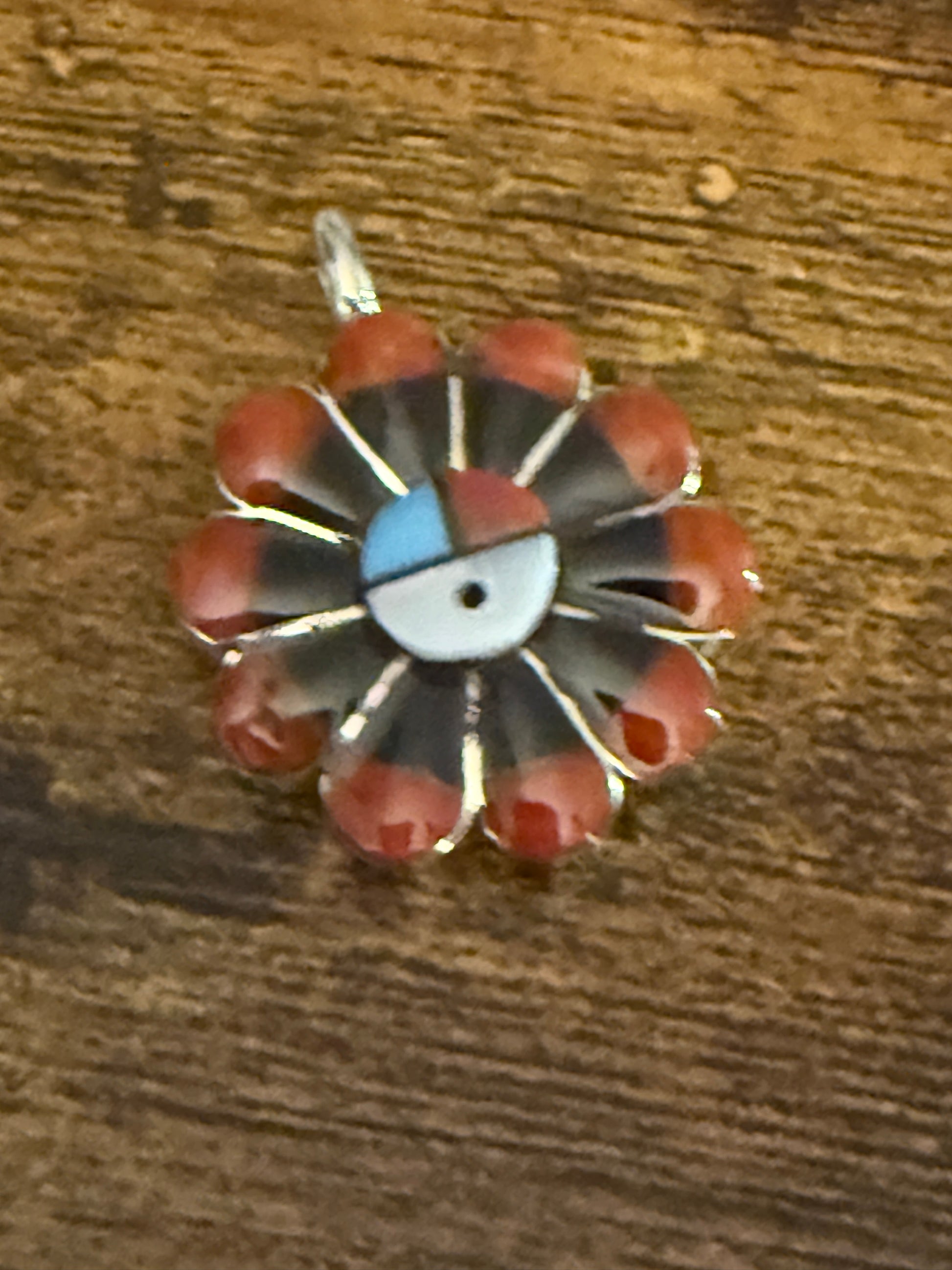 RV Zuni Native Inspired Inspired Coral Inlay Sunface Pendant Sterling Silver Silver Elegant