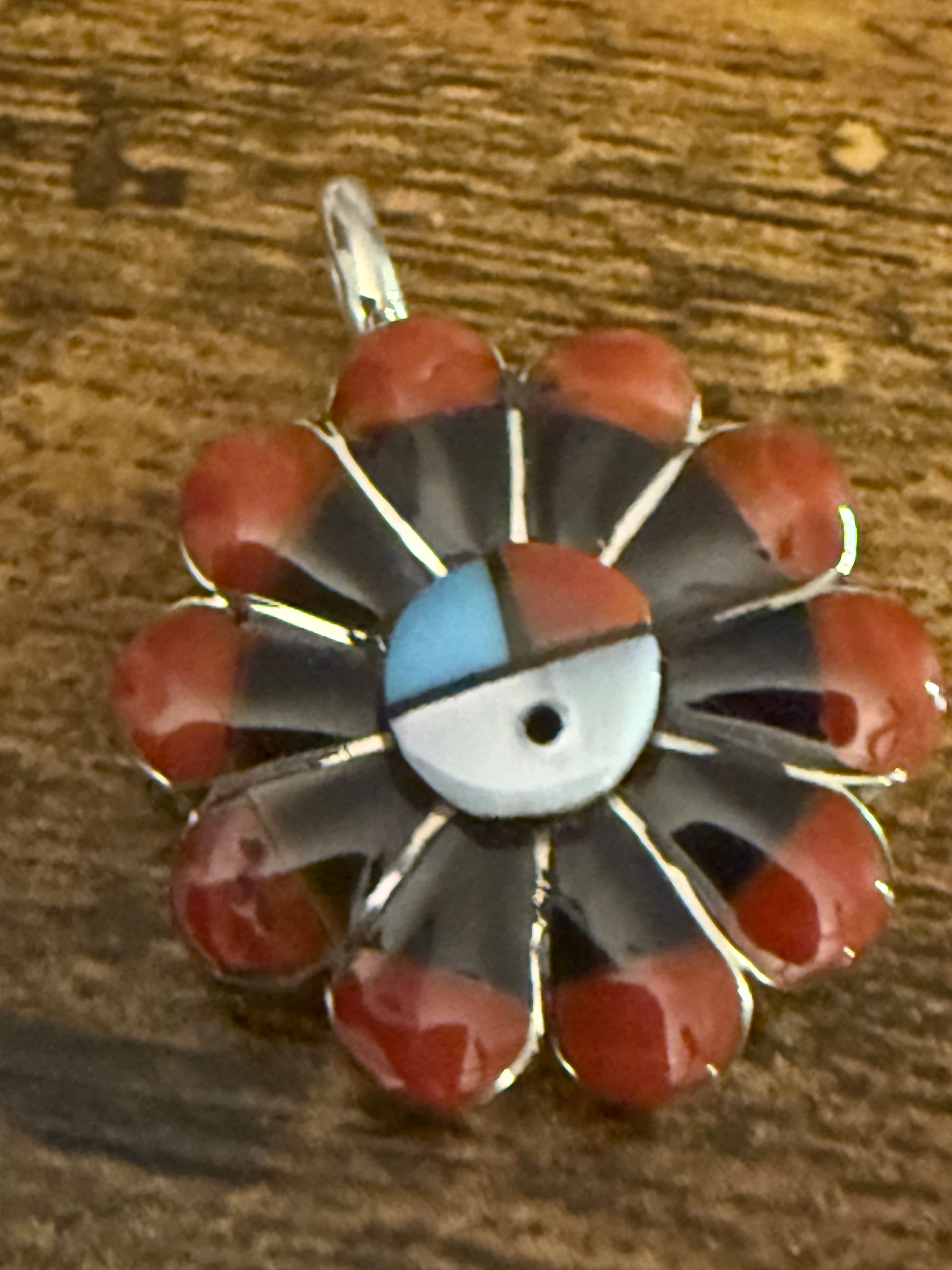 RV Zuni Native Inspired Inspired Coral Inlay Sunface Pendant Sterling Silver Silver Elegant
