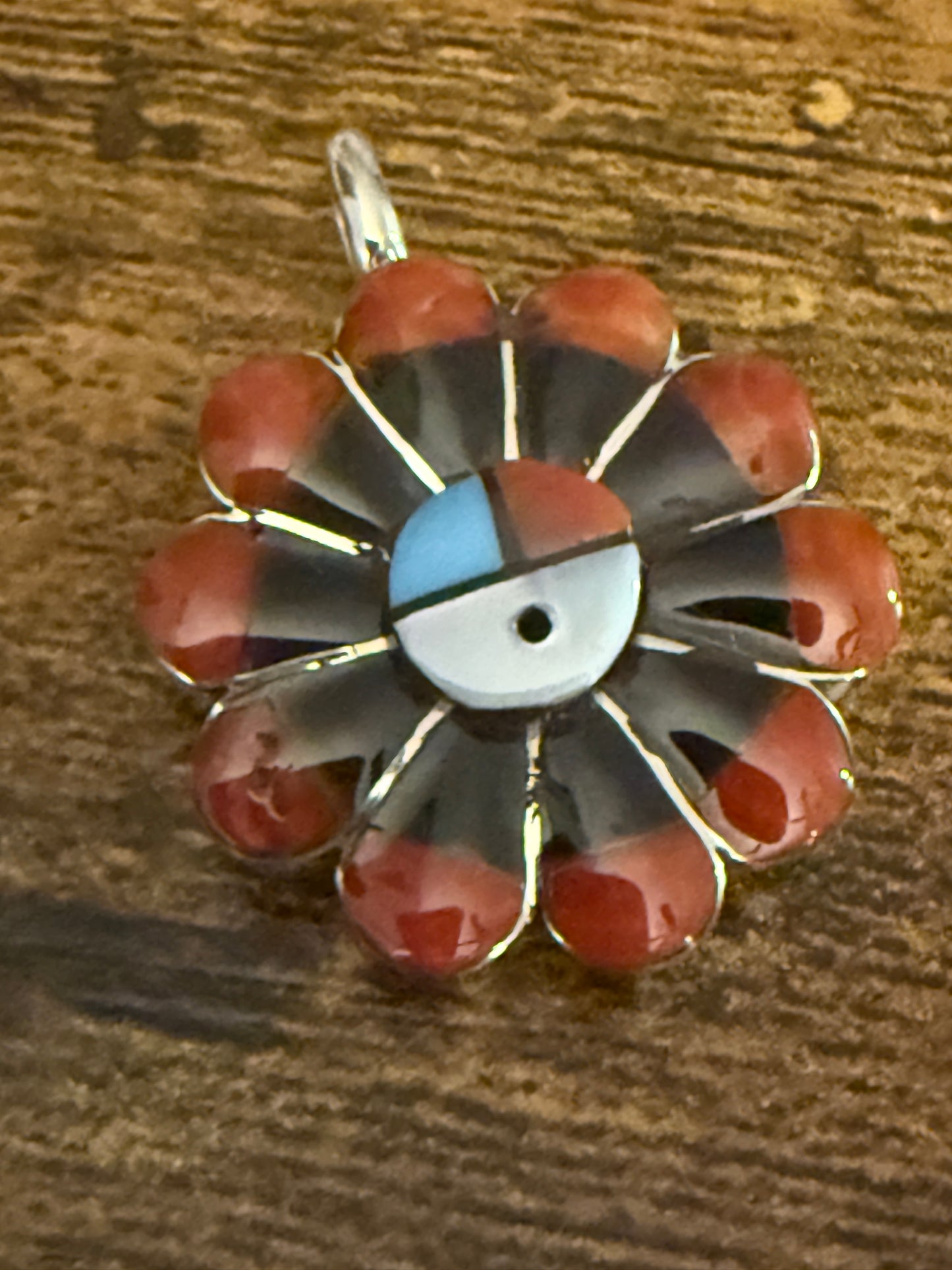 RV Zuni Native Inspired Inspired Coral Inlay Sunface Pendant Sterling Silver Silver Elegant