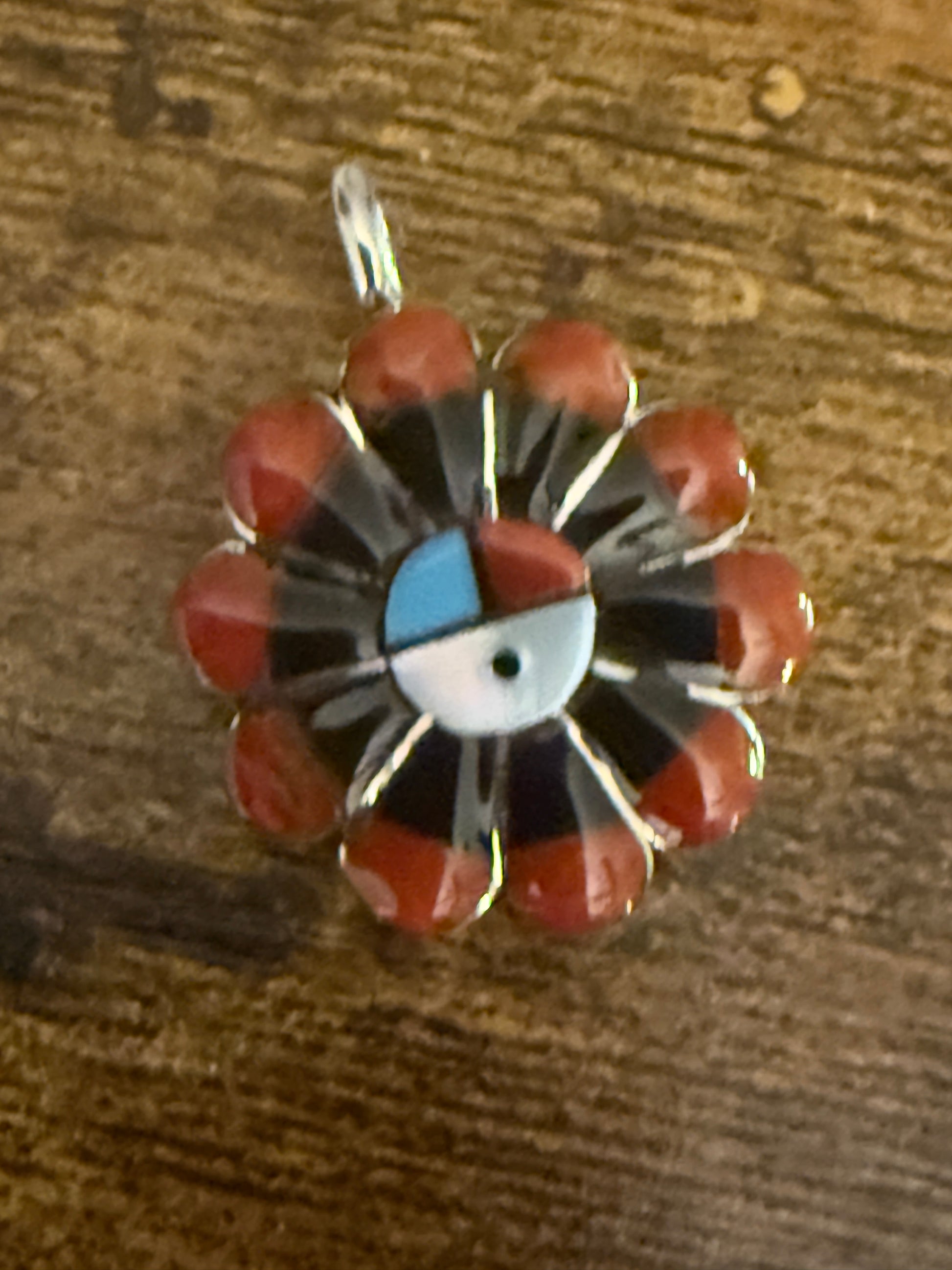 RV Zuni Native Inspired Inspired Coral Inlay Sunface Pendant Sterling Silver Silver Elegant