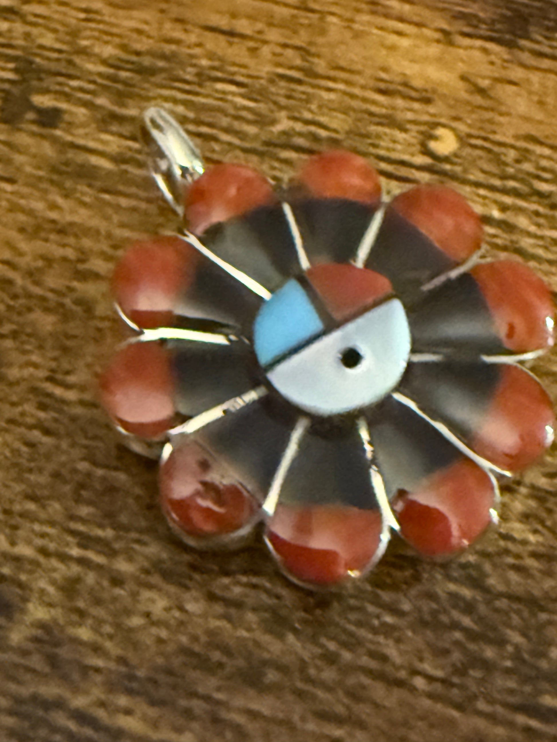 RV Zuni Native Inspired Inspired Coral Inlay Sunface Pendant Sterling Silver Silver Elegant