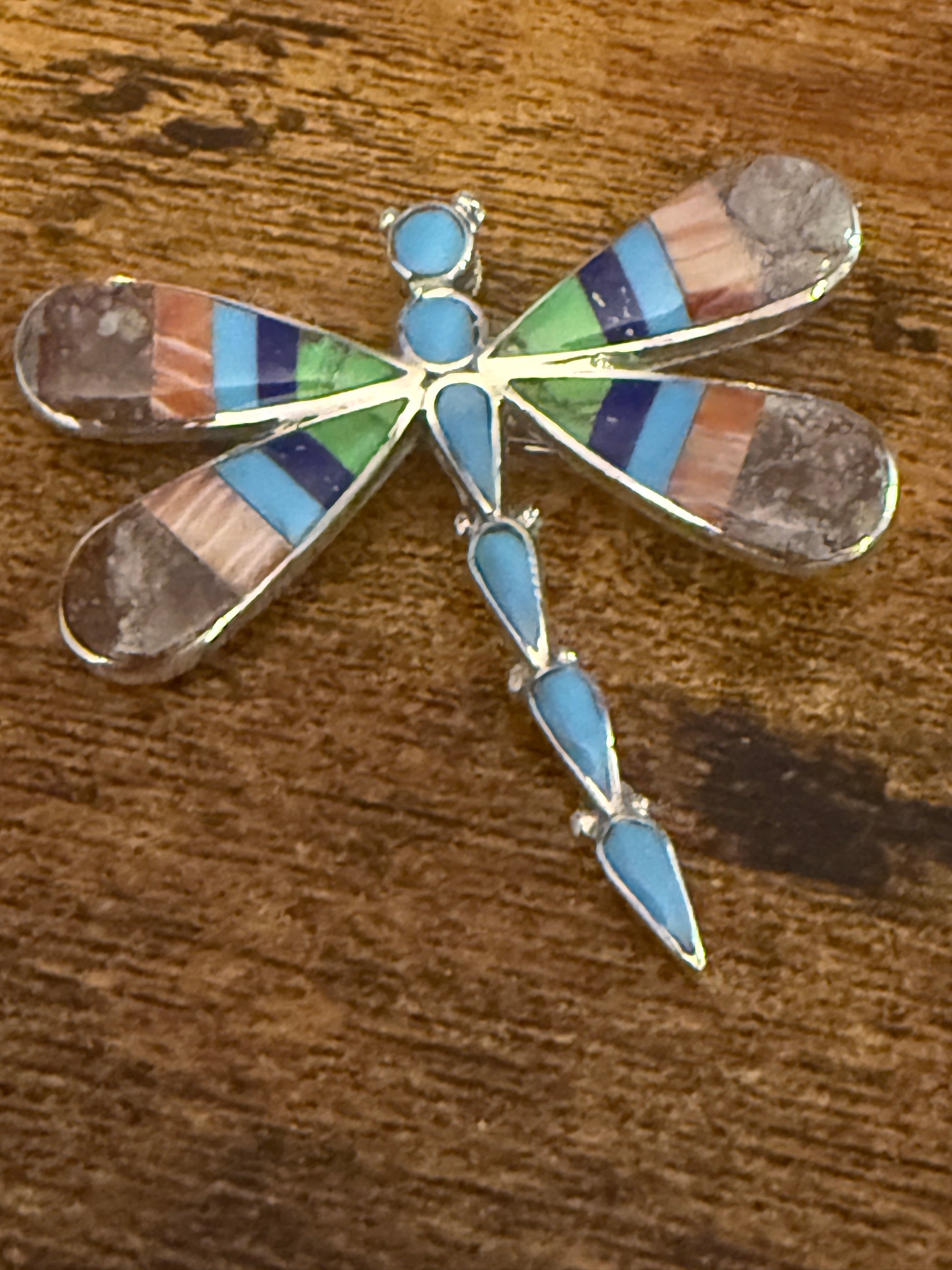 Native Inspired Multi Gemstone Inlay Dragonfly Pendant Signed by Ahiyite Silver Elegant