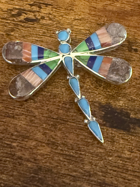 Native Inspired Multi Gemstone Inlay Dragonfly Pendant Signed by Ahiyite Silver Elegant