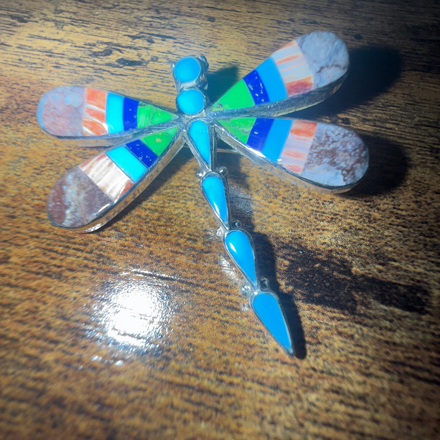 Native Inspired Multi Gemstone Inlay Dragonfly Pendant Signed by Ahiyite Silver Elegant
